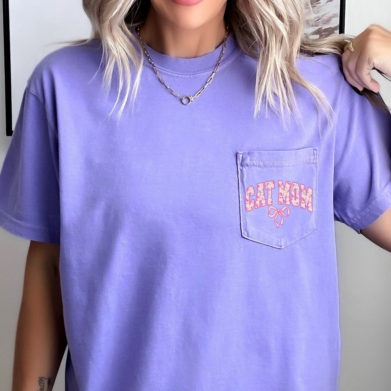 Cat Mom, Coquette, Pocket, Ribbons, Bows Pocket Tee Graphic Collection Comfort Colors Tee