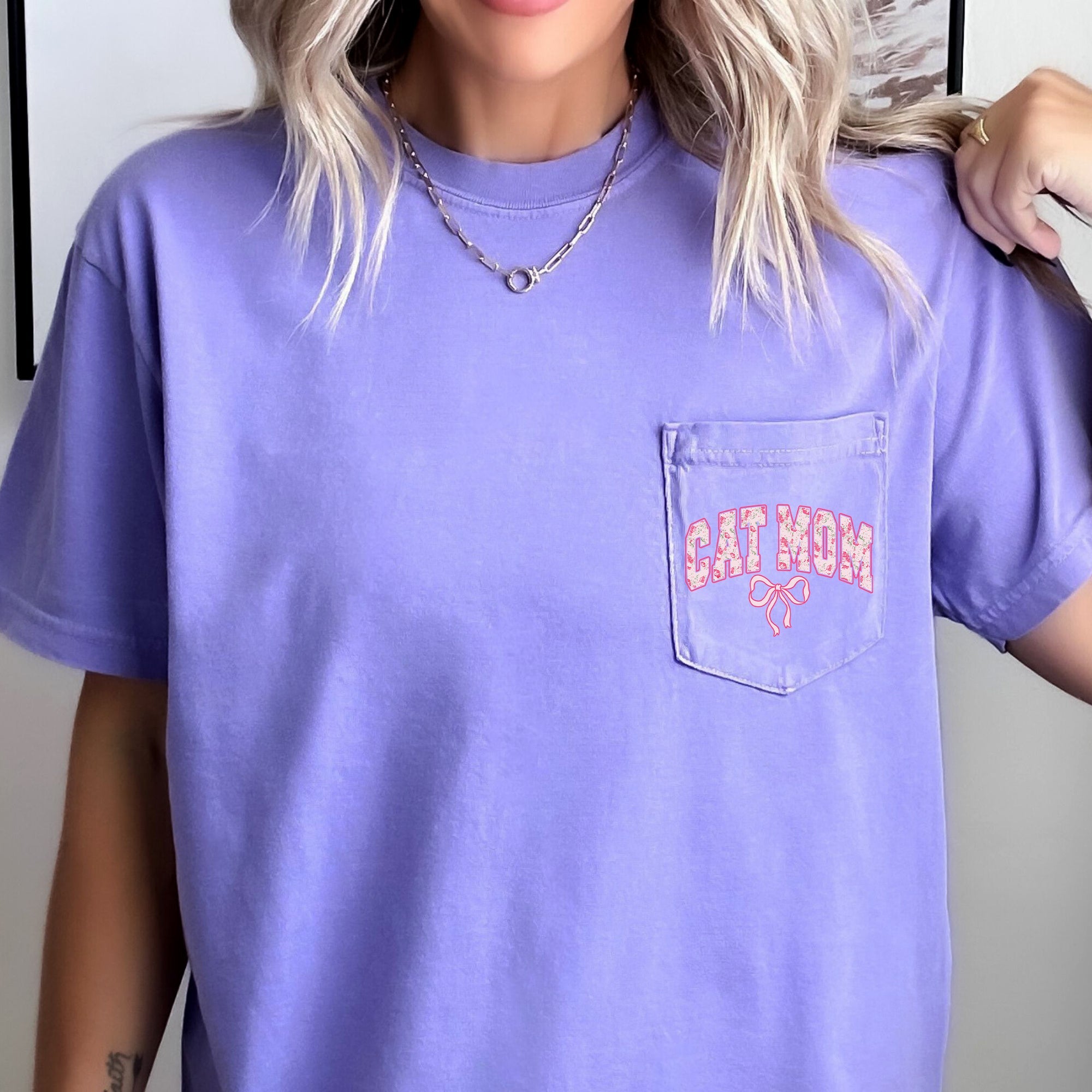 Cat Mom, Coquette, Pocket, Ribbons, Bows Pocket Tee Graphic Collection Comfort Colors Tee