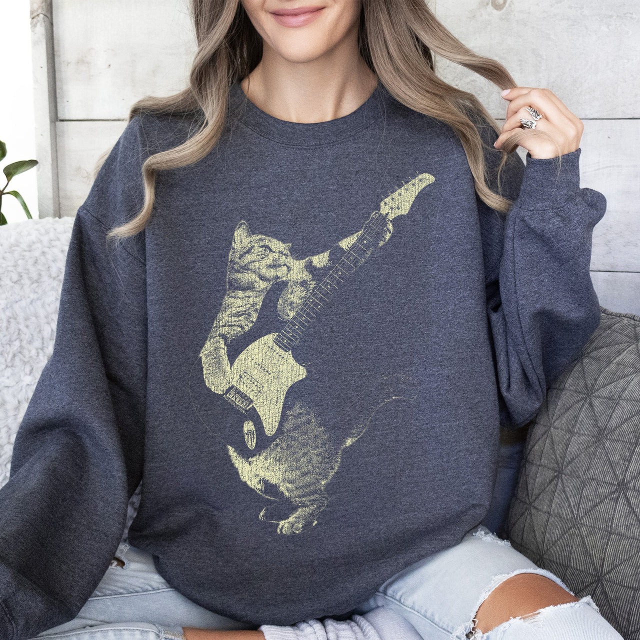 Cat Playing A Guitar Cat Lover Graphic Vintage Style Soft Comfort Fit Sweatshirt