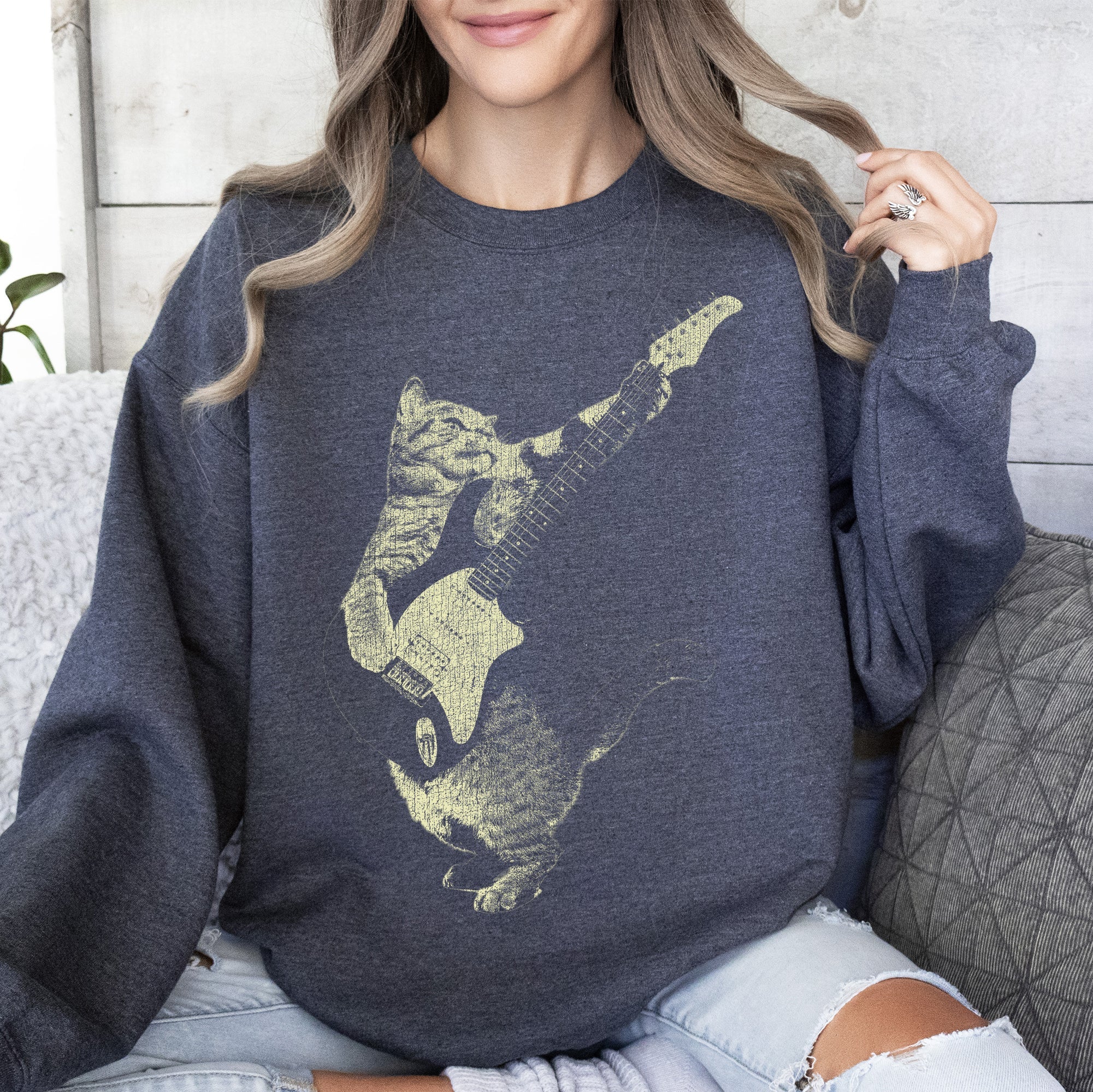 Cat Playing A Guitar Cat Lover Graphic Vintage Style Soft Comfort Fit Sweatshirt