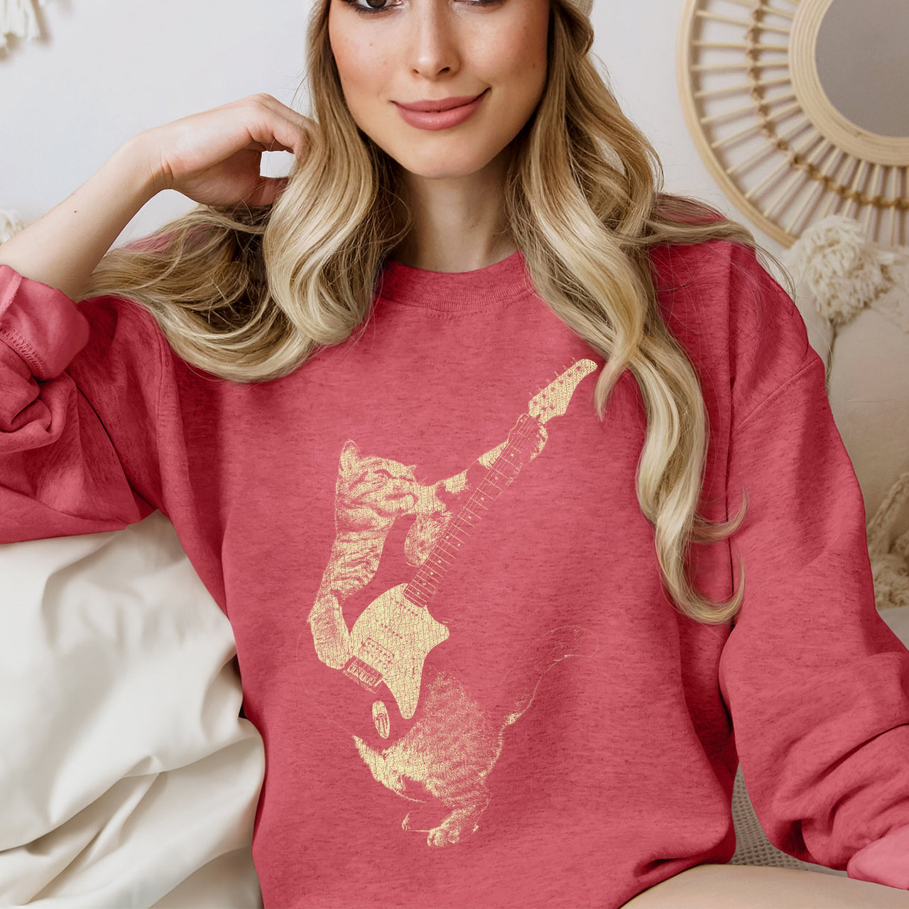 Cat Playing A Guitar Cat Lover Graphic Vintage Style Soft Comfort Fit Sweatshirt