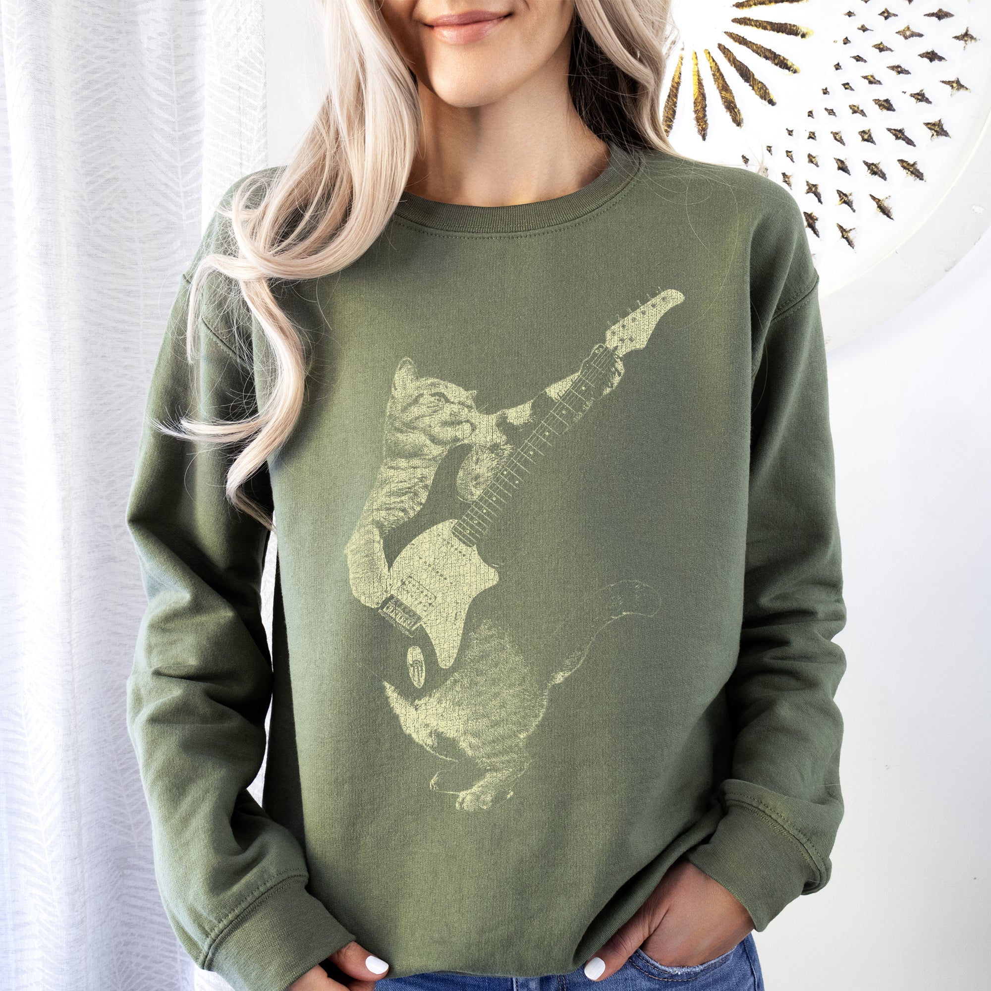 Cat Playing A Guitar Cat Lover Graphic Vintage Style Soft Comfort Fit Sweatshirt