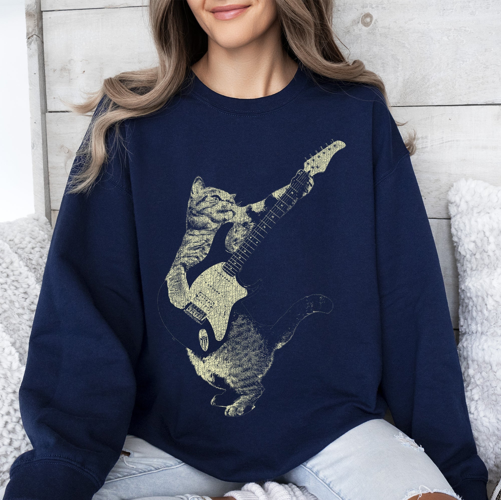 Cat Playing A Guitar Cat Lover Graphic Vintage Style Soft Comfort Fit Sweatshirt
