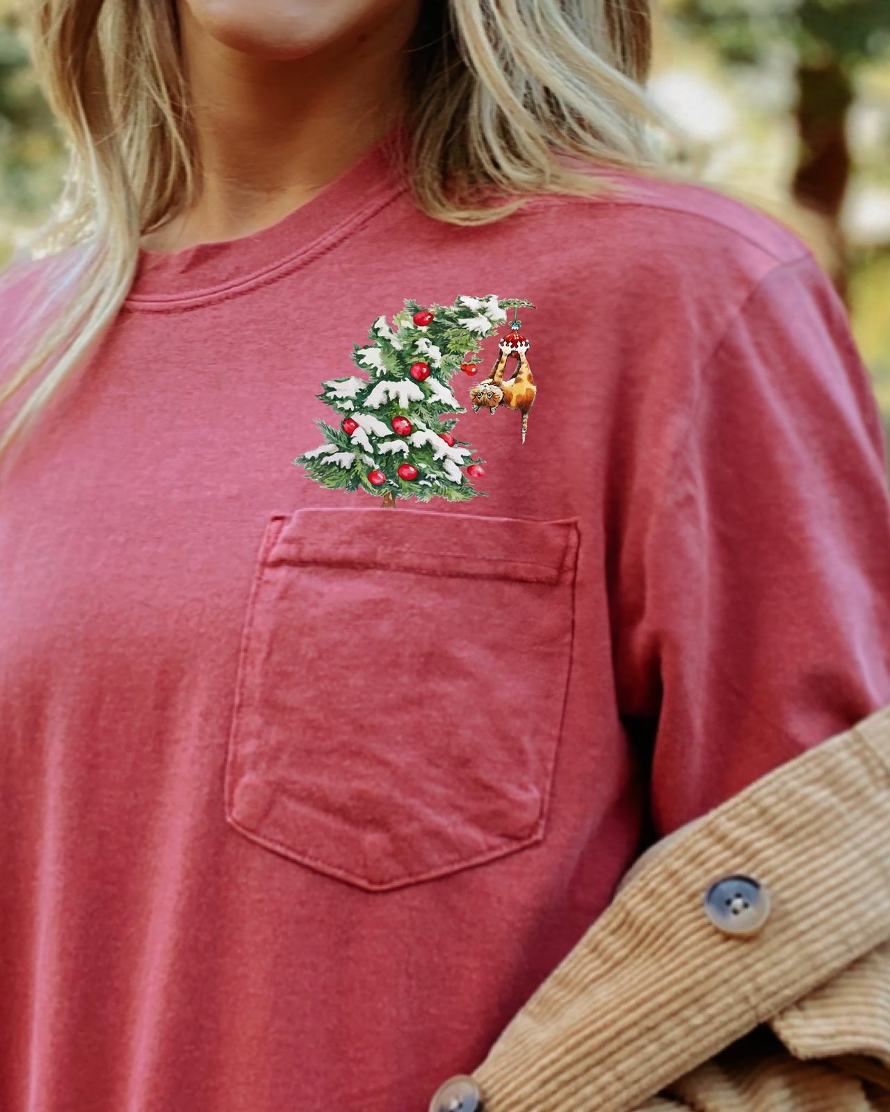 Cat Christmas Tree Pocket Santa Snow Winter Xmas Cozy Kitty Festive Holiday Scene Whimsical Comfort Colors Tee