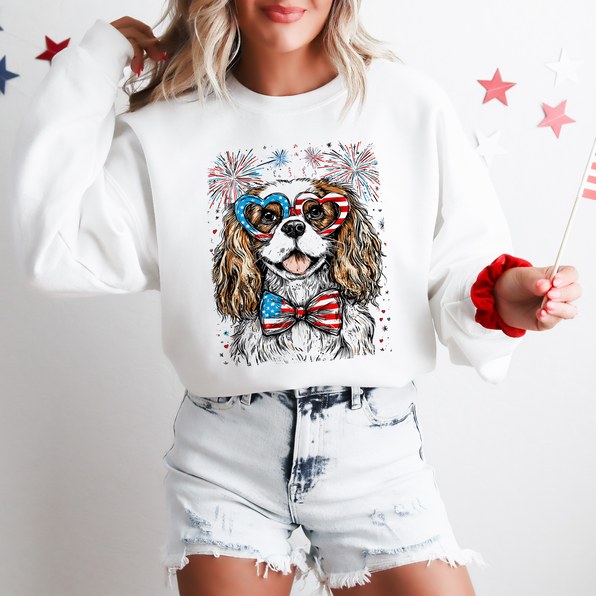 Cavalier King Charles Spaniel Patriotic USA Flag Fourth Of July Dog Pet Lover Sweatshirt