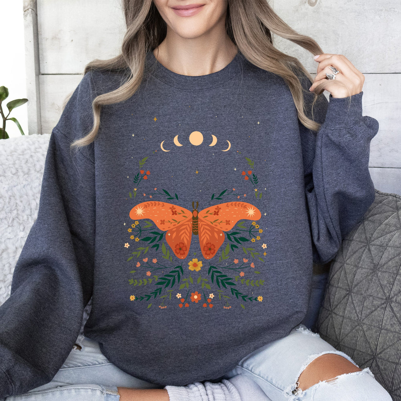 Celestial Garden Tale, Moth, Moon, And Flowers Celestial Night Garden Illustration Sweatshirt