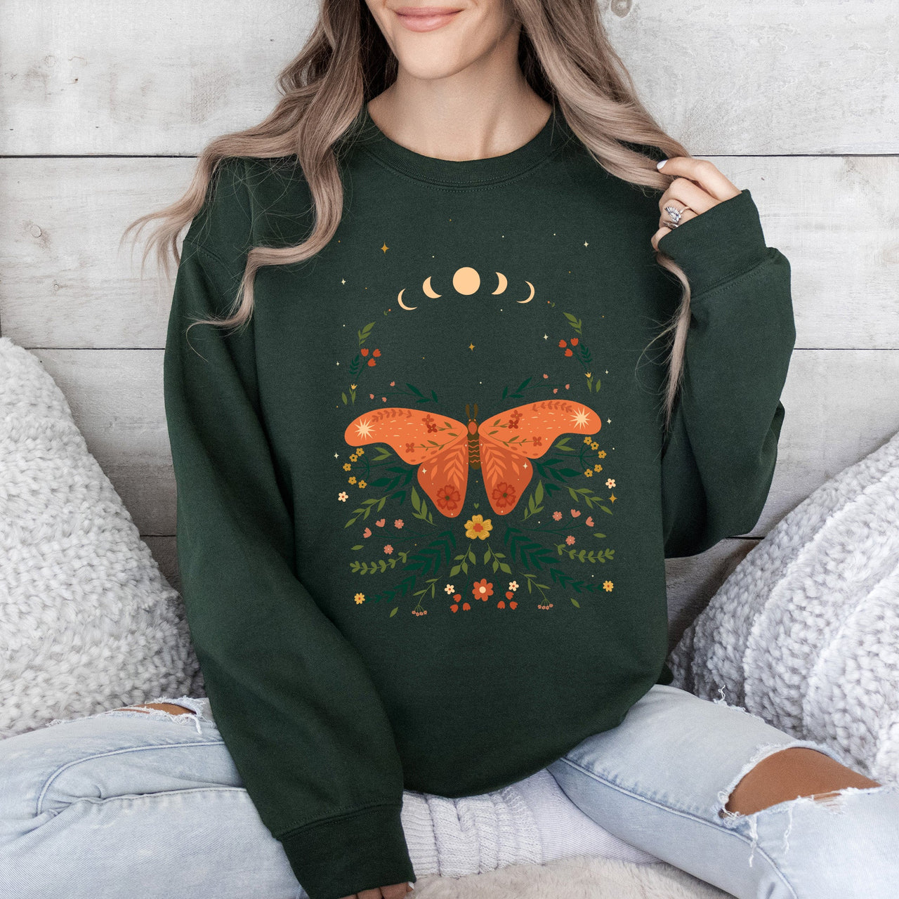 Celestial Garden Tale, Moth, Moon, And Flowers Celestial Night Garden Illustration Sweatshirt