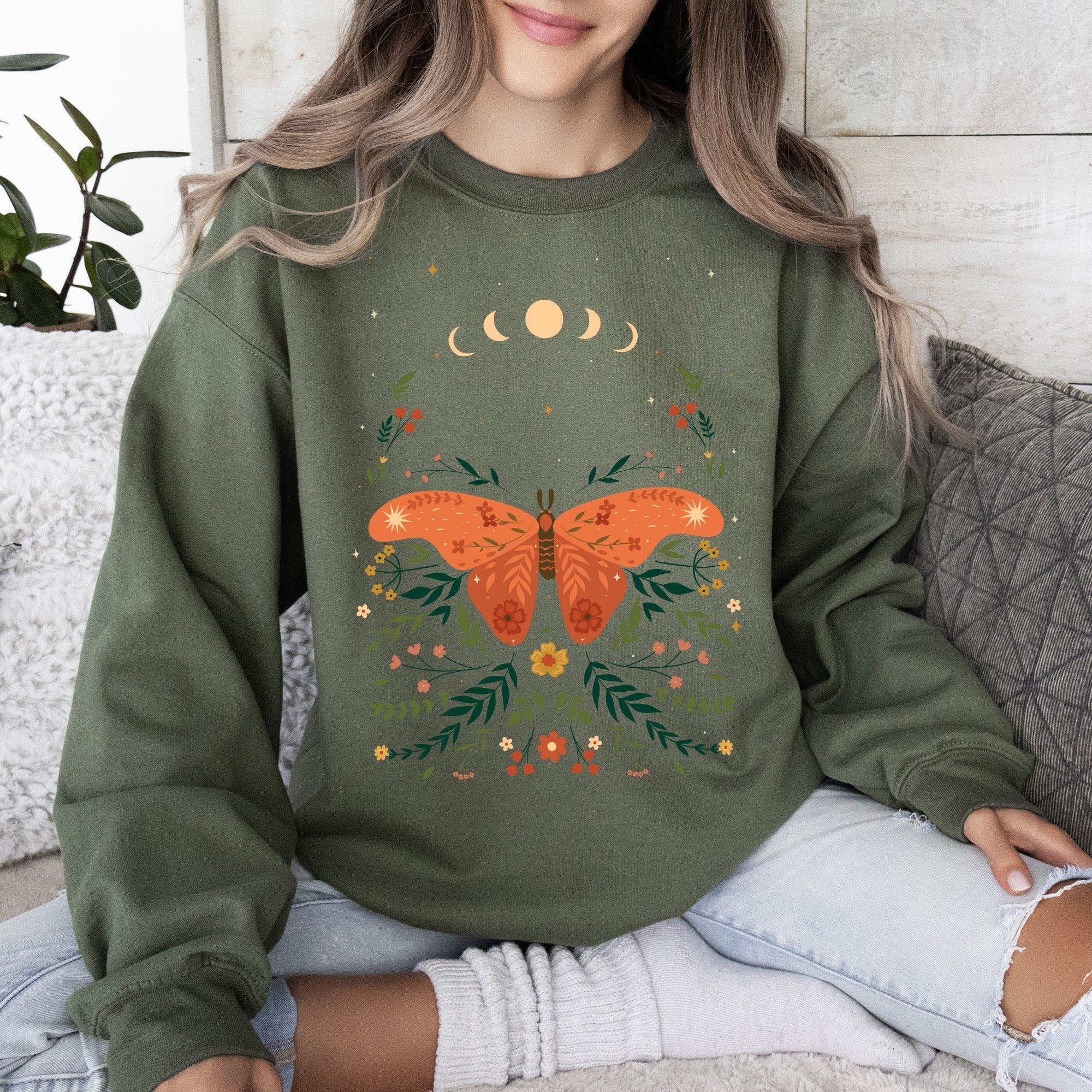 Celestial Garden Tale, Moth, Moon, And Flowers Celestial Night Garden Illustration Sweatshirt