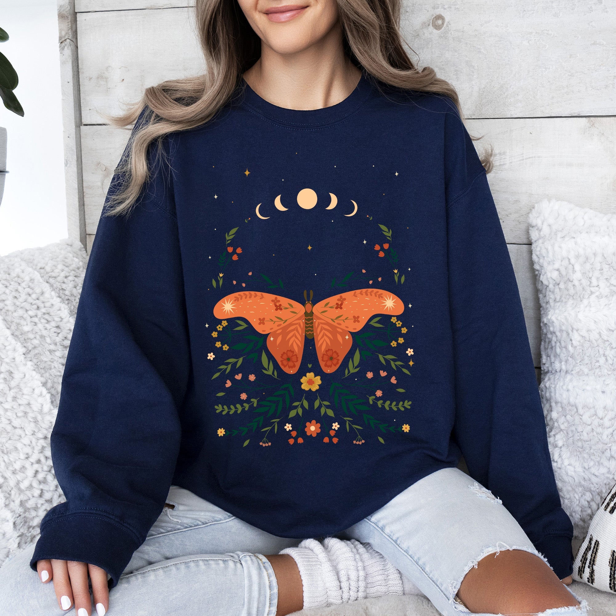 Celestial Garden Tale, Moth, Moon, And Flowers Celestial Night Garden Illustration Sweatshirt