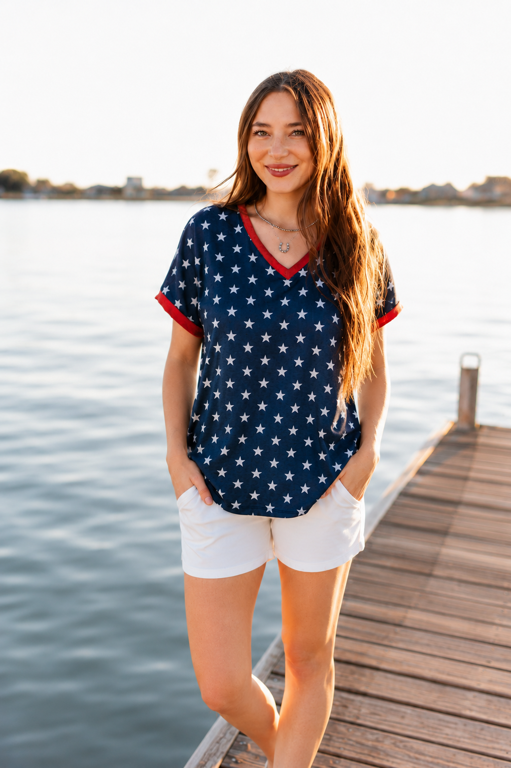 Blue and White Stars V-Neck Top