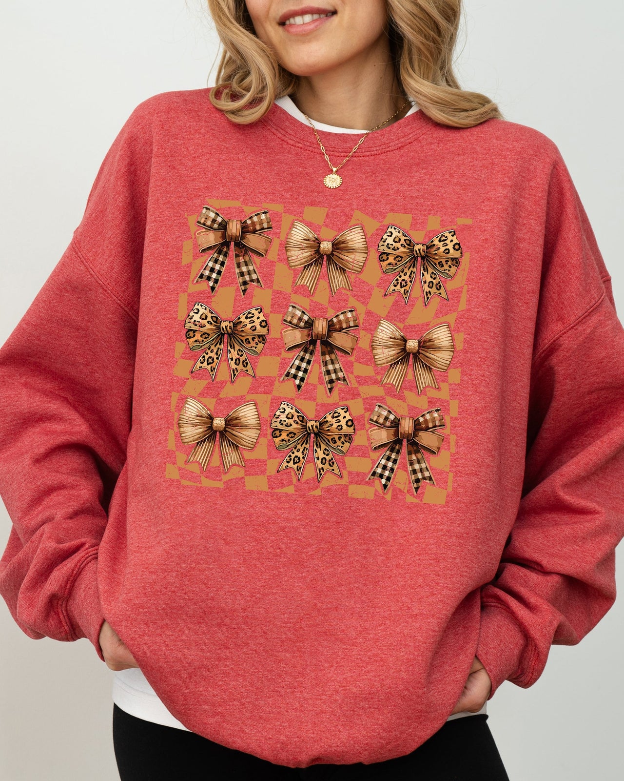 Checkered Autumn Coquette Bows And Ribbons Retro Halloween Autumnal Print Sweatshirt