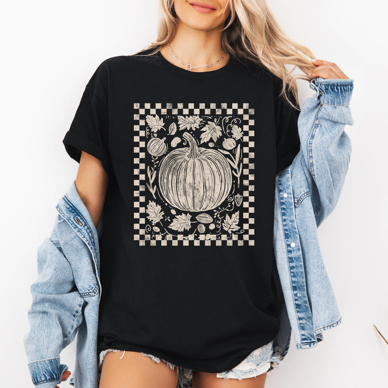Checkered Pumpkin Minimalist Autumn Harvest Motif For Cozy Everyday Wear Graphic Tee