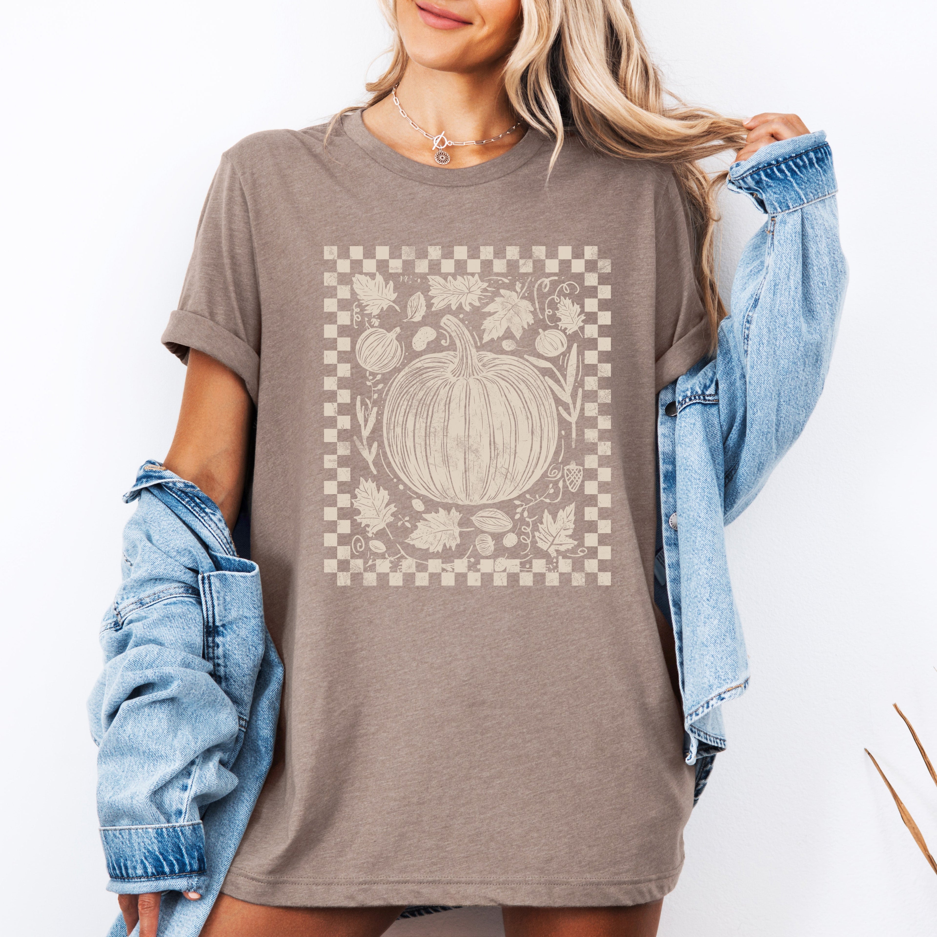 Checkered Pumpkin Minimalist Autumn Harvest Motif For Cozy Everyday Wear Graphic Tee