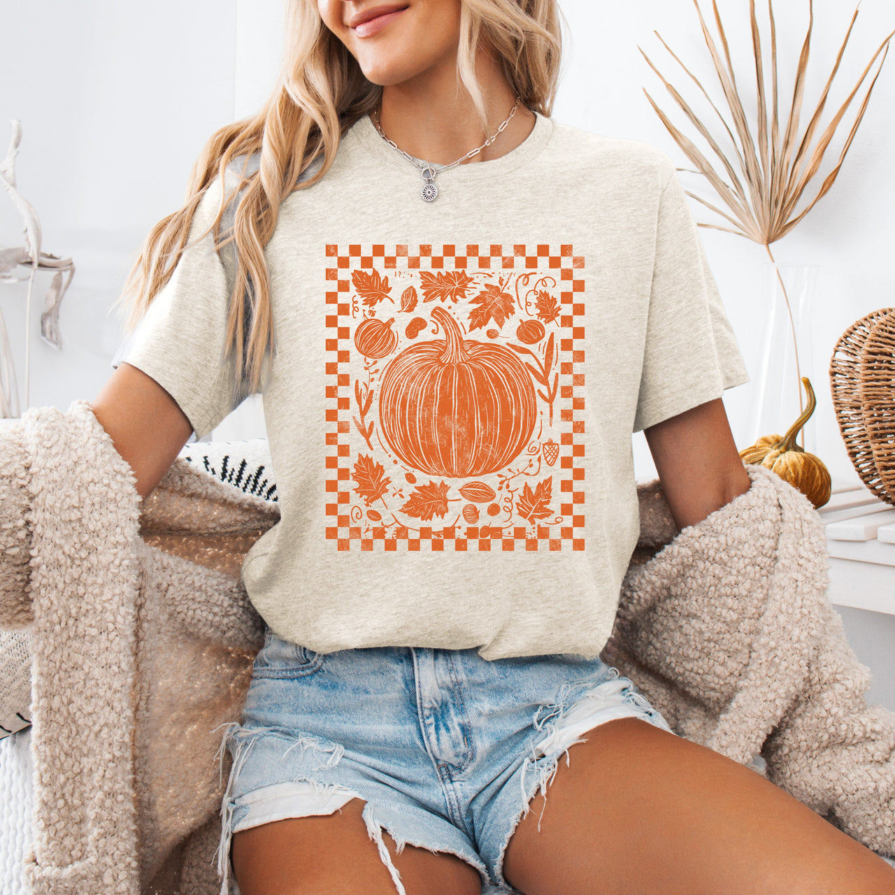 Checkered Pumpkin Minimalist Autumn Harvest Motif For Cozy Everyday Wear Graphic Tee