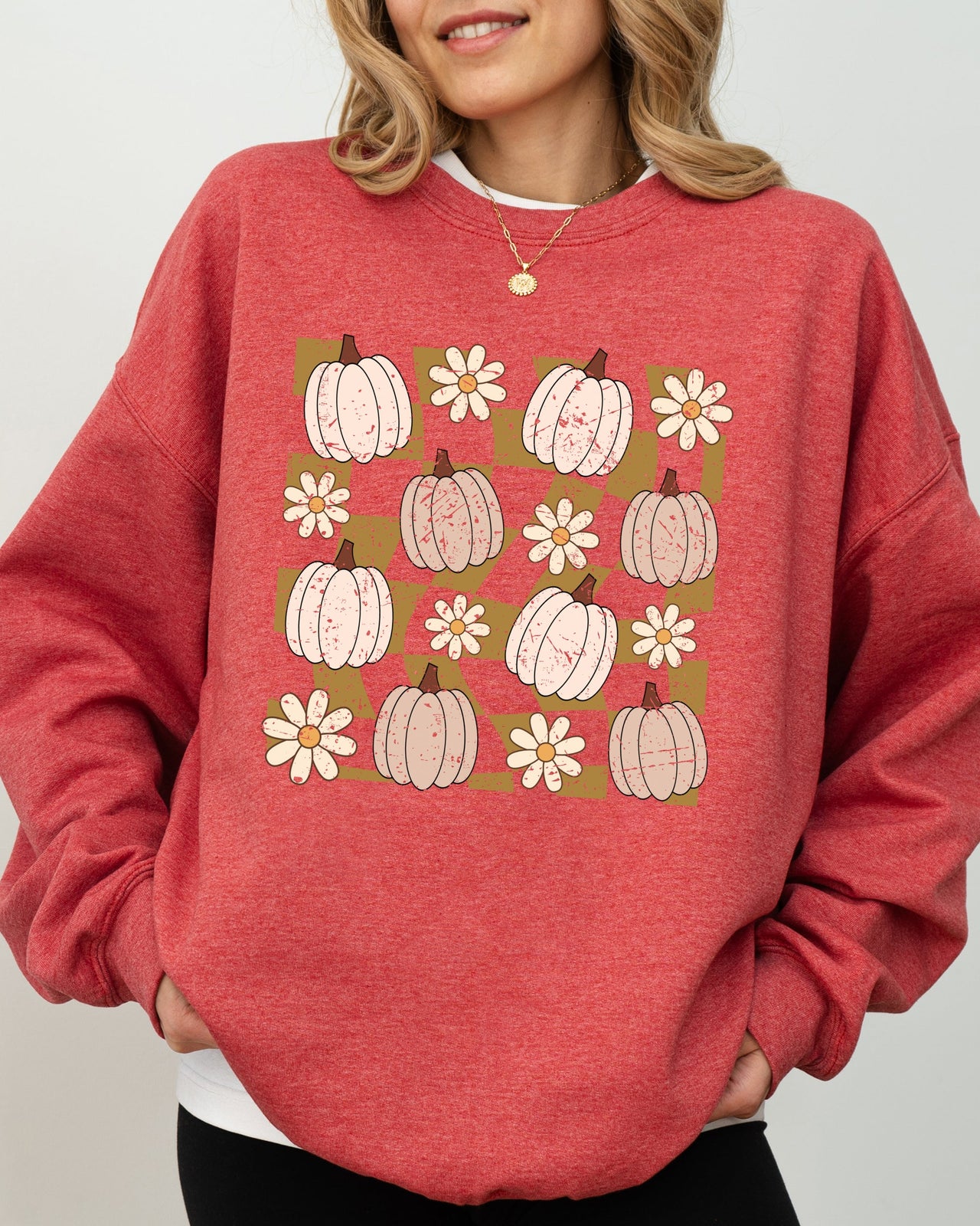 Checkered Pumpkins Daisies Flowers Vintage Retro Hippie Positivity Halloween Autumn Sweatshirt