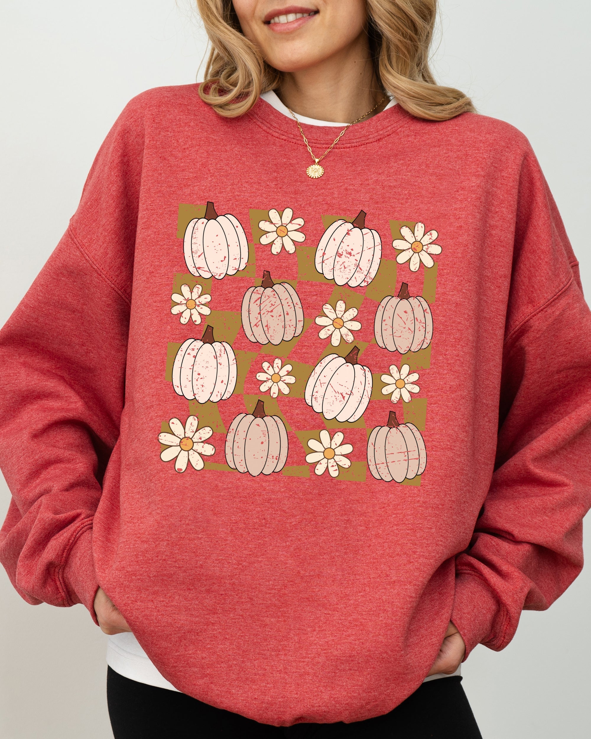 Checkered Pumpkins Daisies Flowers Vintage Retro Hippie Positivity Halloween Autumn Sweatshirt