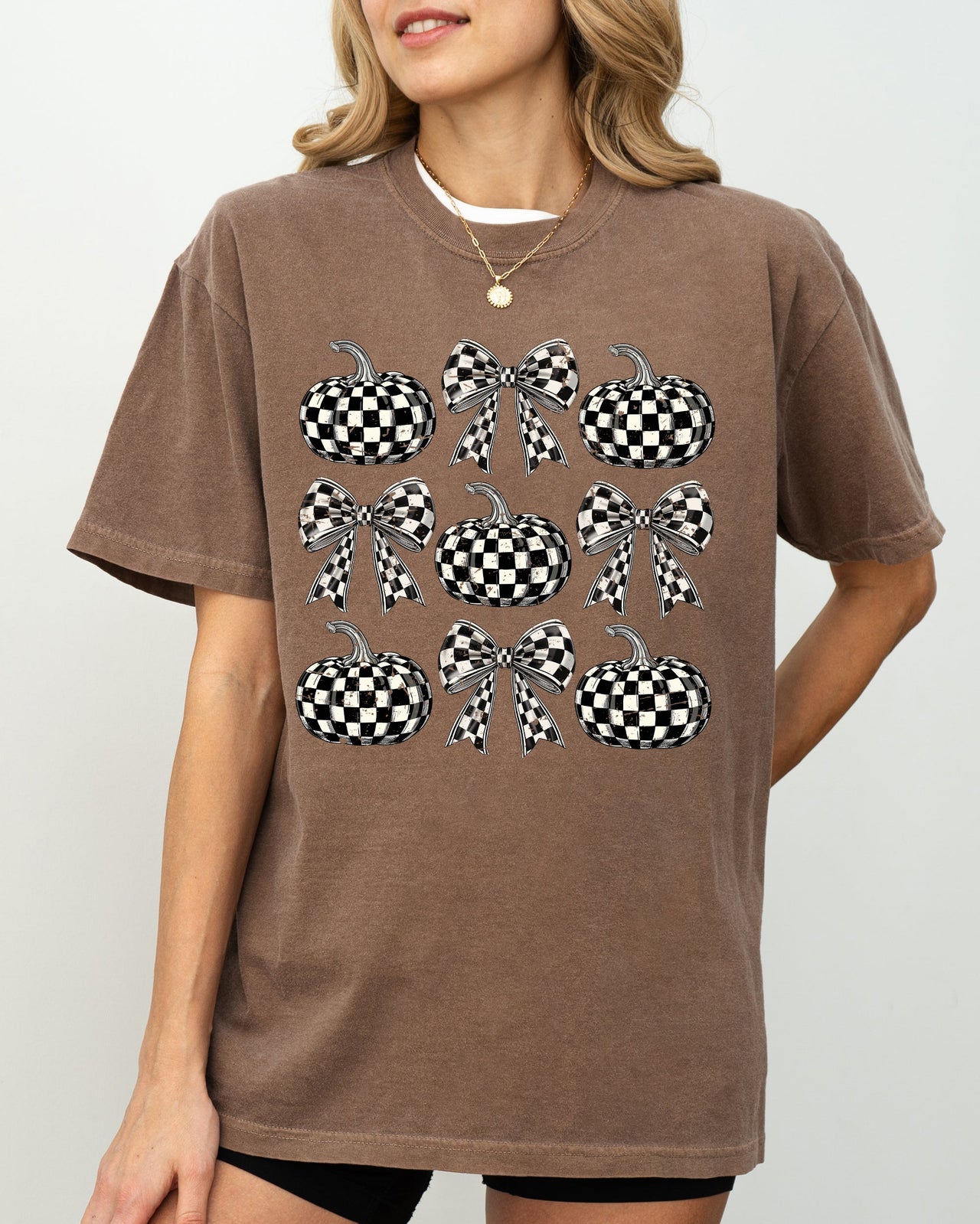 Checkered Retro Pumpkins Coquette Ribbons Bows Halloween Autumn Fall Comfort Colors Tee