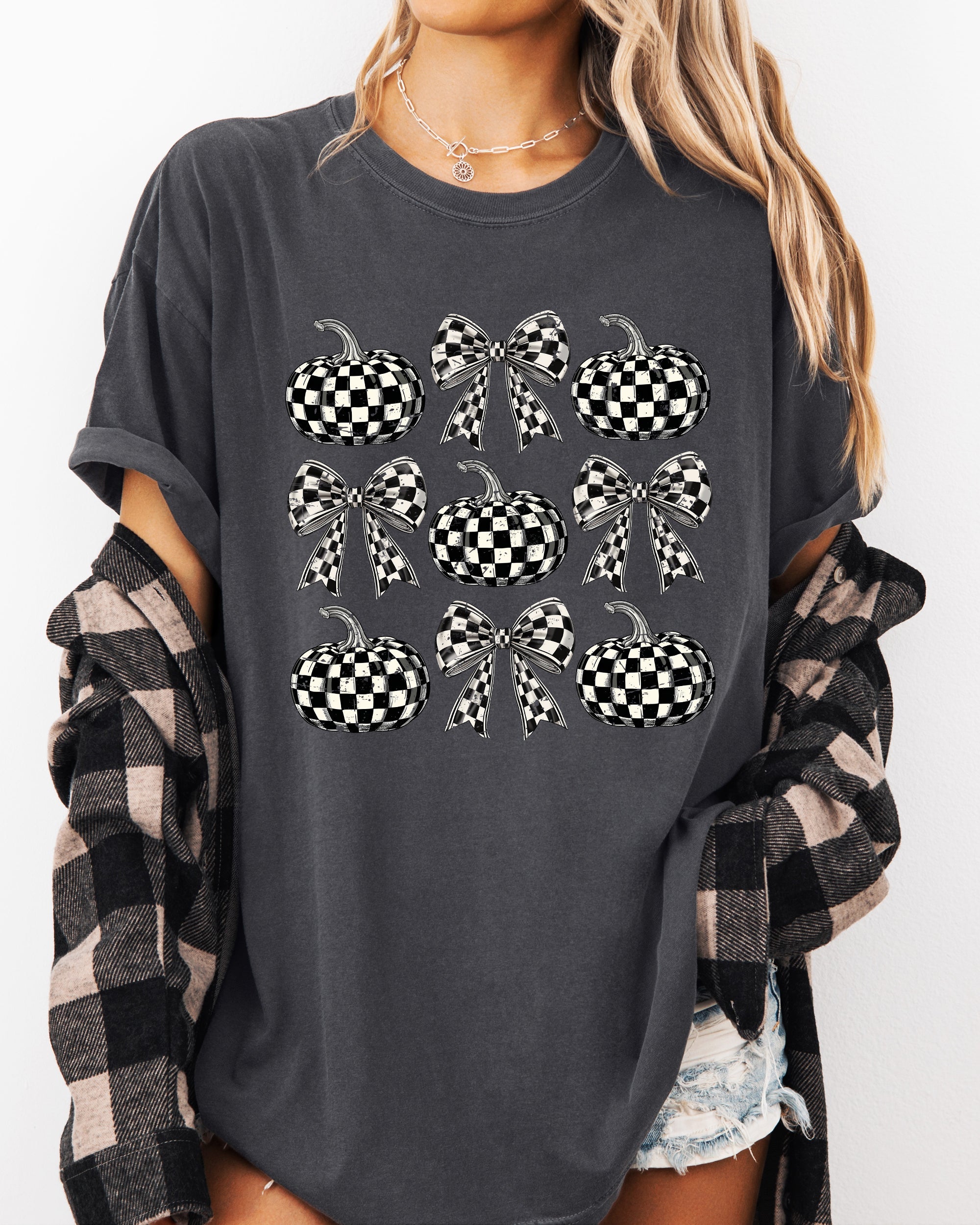 Checkered Retro Pumpkins Coquette Ribbons Bows Halloween Autumn Fall Comfort Colors Tee