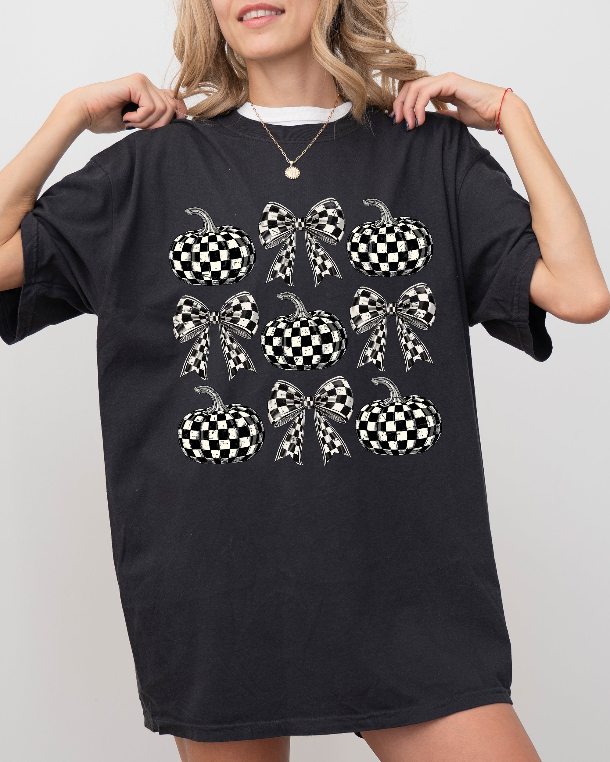 Checkered Retro Pumpkins Coquette Ribbons Bows Halloween Autumn Fall Comfort Colors Tee