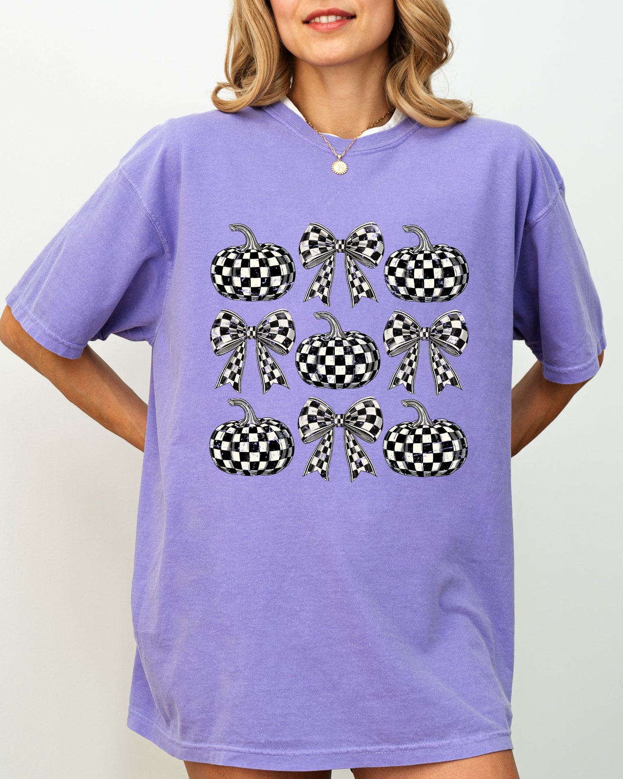 Checkered Retro Pumpkins Coquette Ribbons Bows Halloween Autumn Fall Comfort Colors Tee