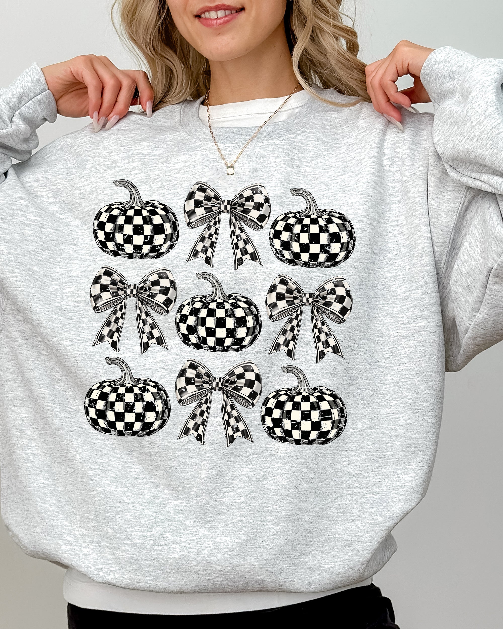Checkered Retro Pumpkins Coquette Ribbons Bows Halloween Autumn Fall Patchwork Cozy Sweatshirt