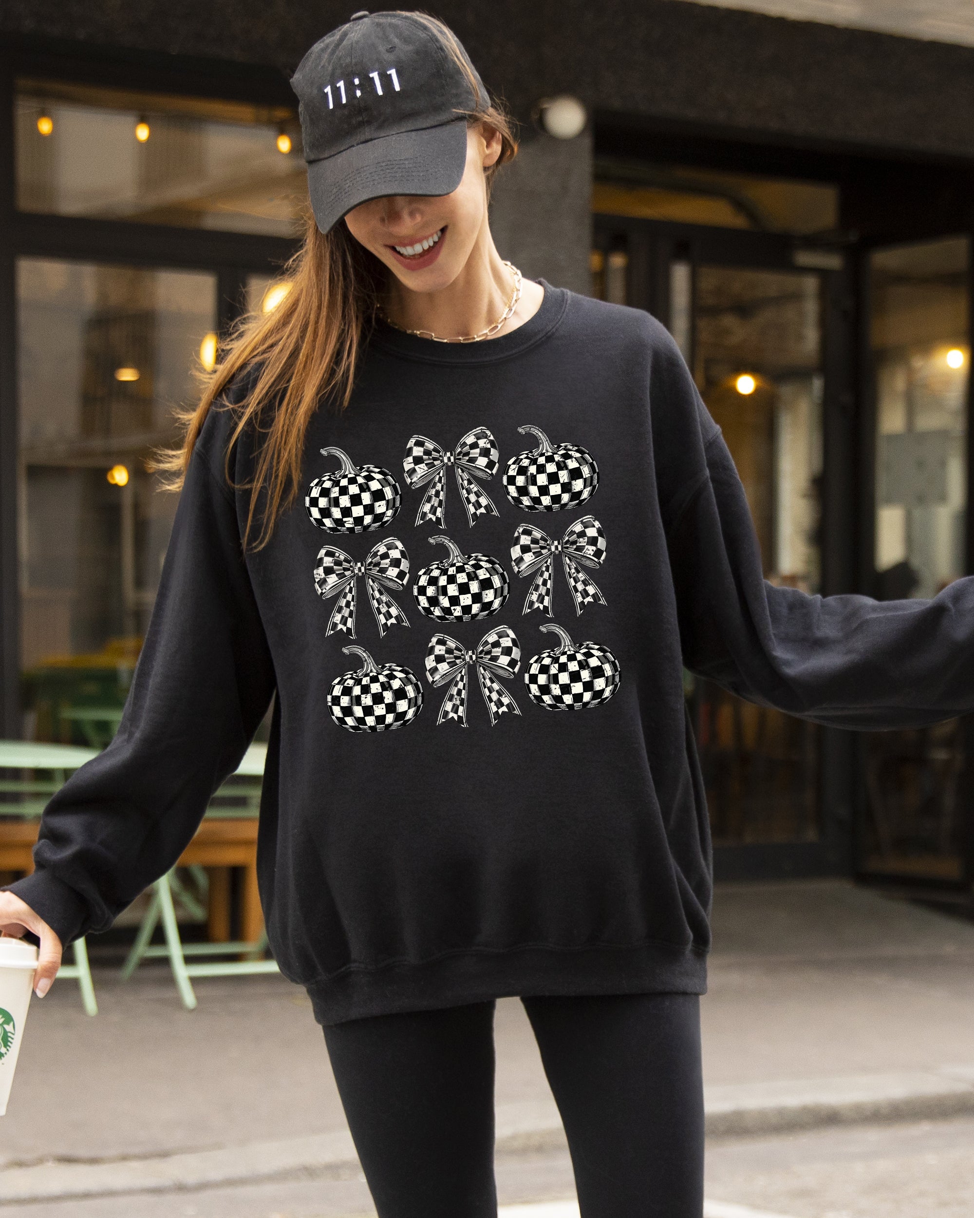 Checkered Retro Pumpkins Coquette Ribbons Bows Halloween Autumn Fall Patchwork Cozy Sweatshirt