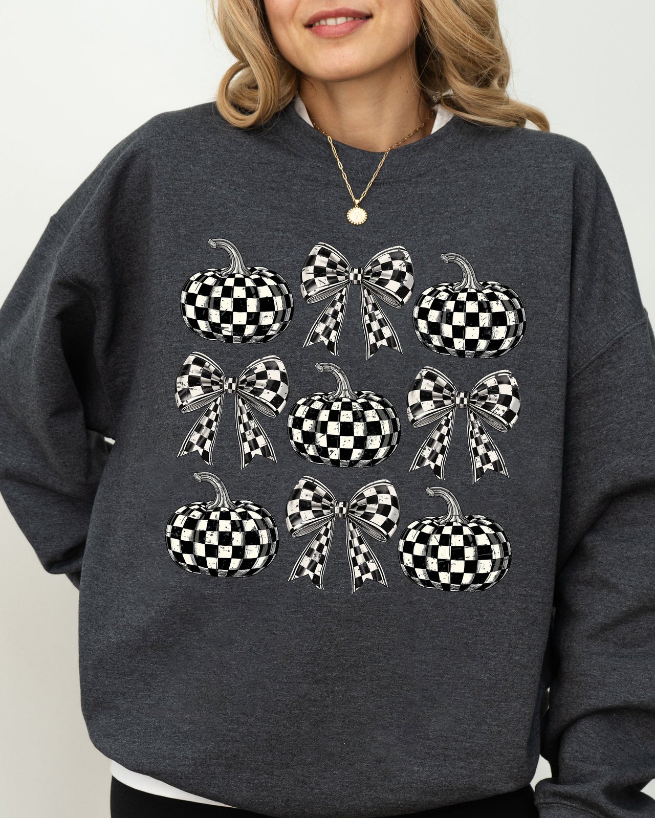 Checkered Retro Pumpkins Coquette Ribbons Bows Halloween Autumn Fall Patchwork Cozy Sweatshirt