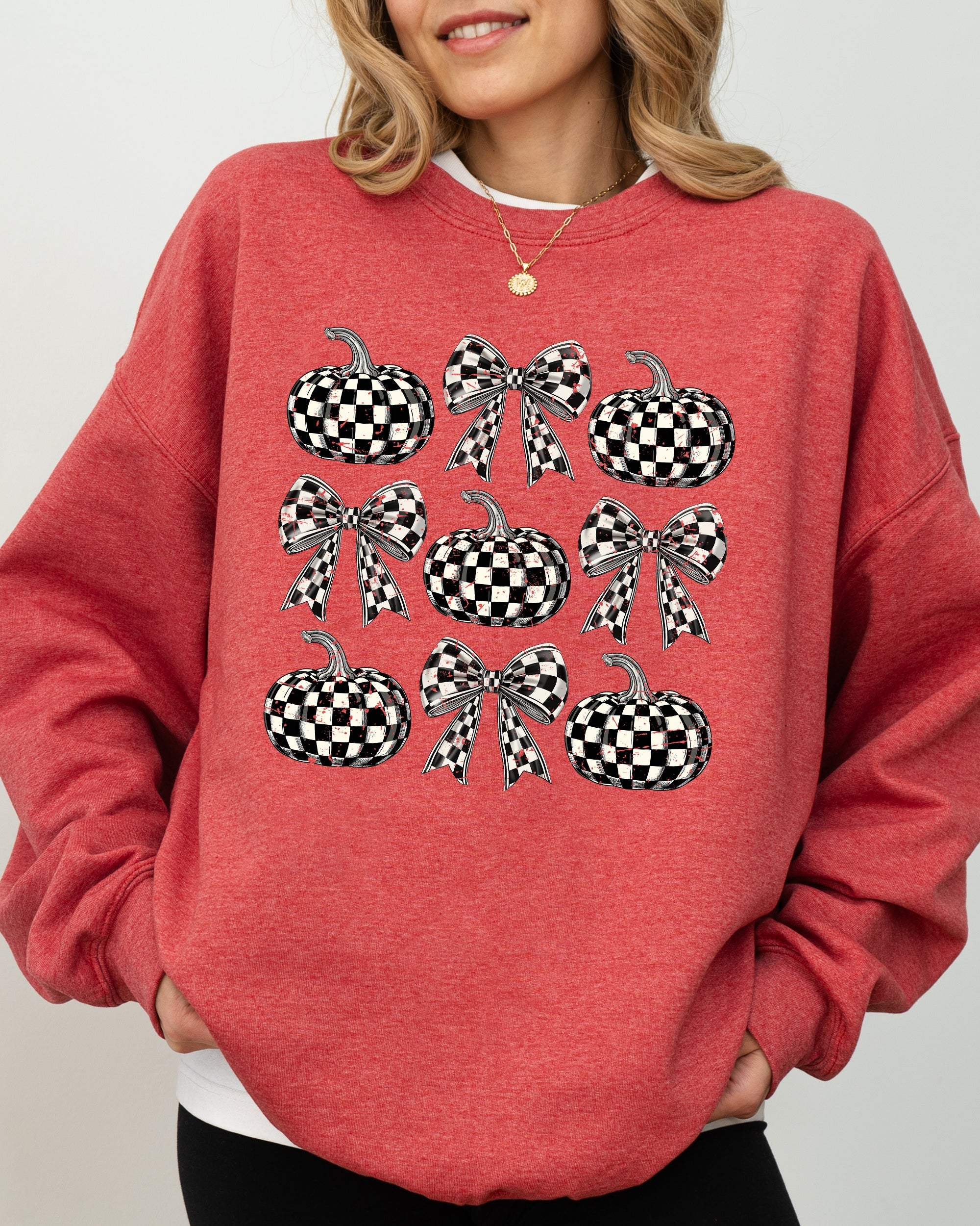 Checkered Retro Pumpkins Coquette Ribbons Bows Halloween Autumn Fall Patchwork Cozy Sweatshirt