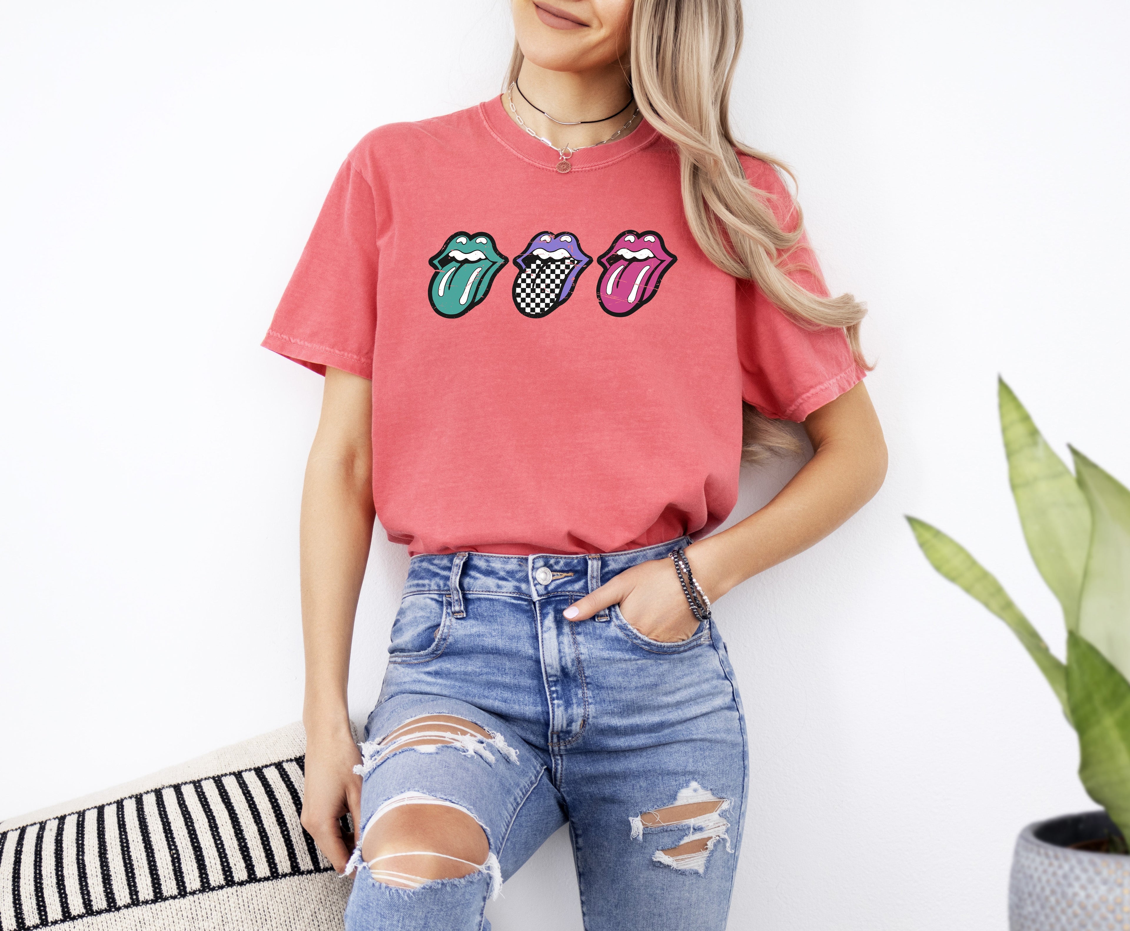 Checkered Rock Tongues Retro Lips Concert Tee Classic Rock Edition Comfort Colors Tee
