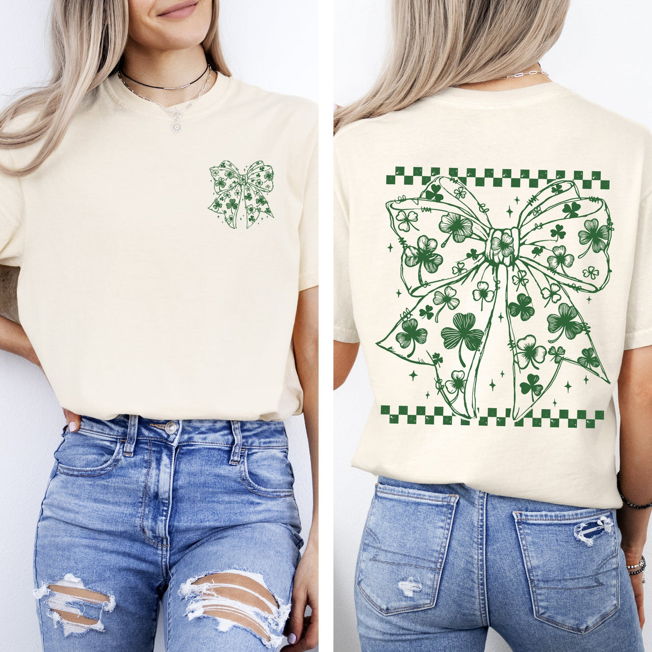 Checkered Bow Coquette Leprechaun Shamrock Clover Lucky St Patrick's Day Irish Pride Comfort Colors Tee
