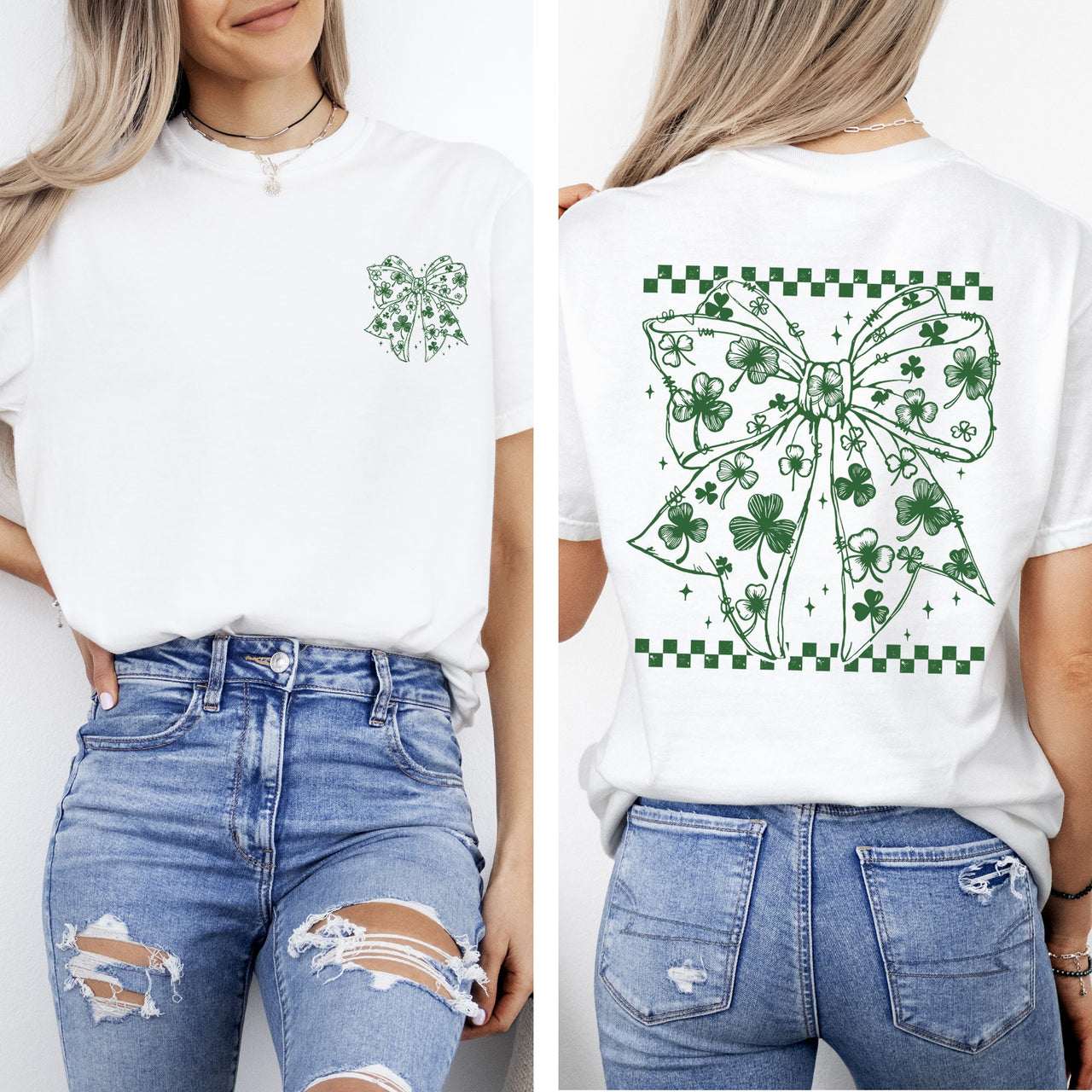 Checkered Bow Coquette Leprechaun Shamrock Clover Lucky St Patrick's Day Irish Pride Comfort Colors Tee