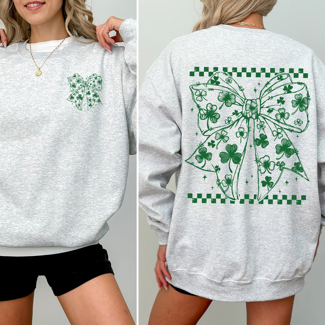 Leprechaun Checkered Bow Coquette Shamrock Clover Lucky St Patrick's Day Sweatshirt
