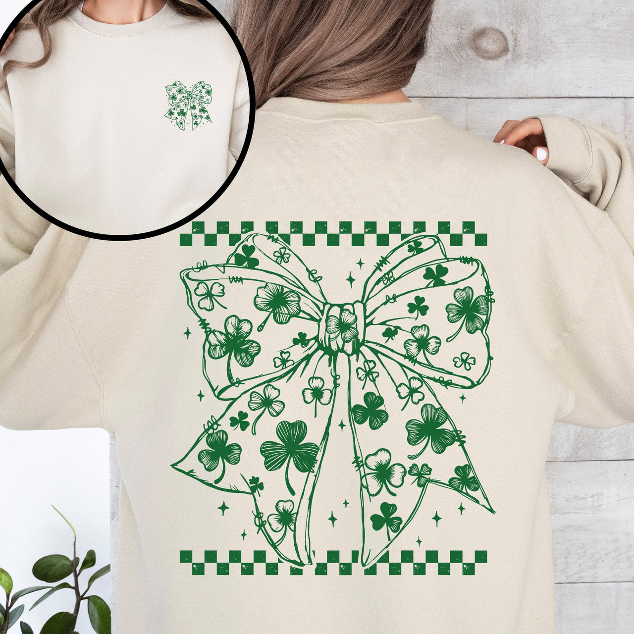 Leprechaun Checkered Bow Coquette Shamrock Clover Lucky St Patrick's Day Sweatshirt