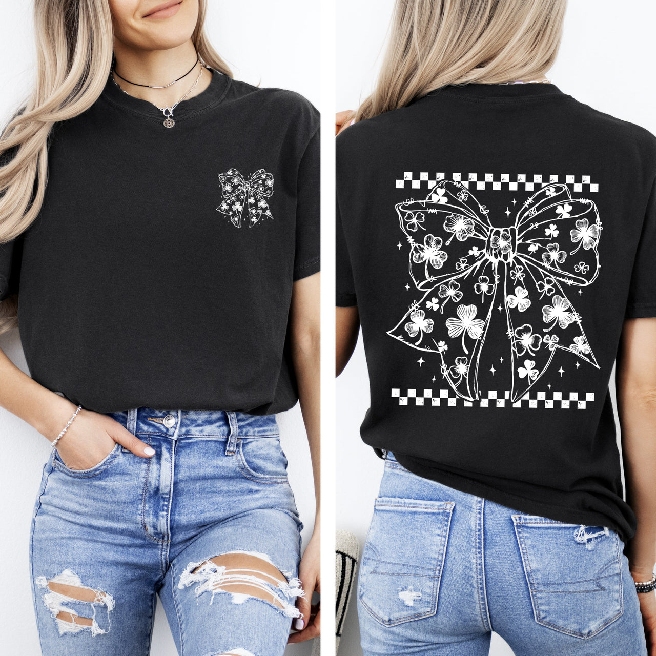 Checkered Bow Coquette Leprechaun Shamrock Clover Lucky St Patrick's Day Irish Pride Comfort Colors Tee