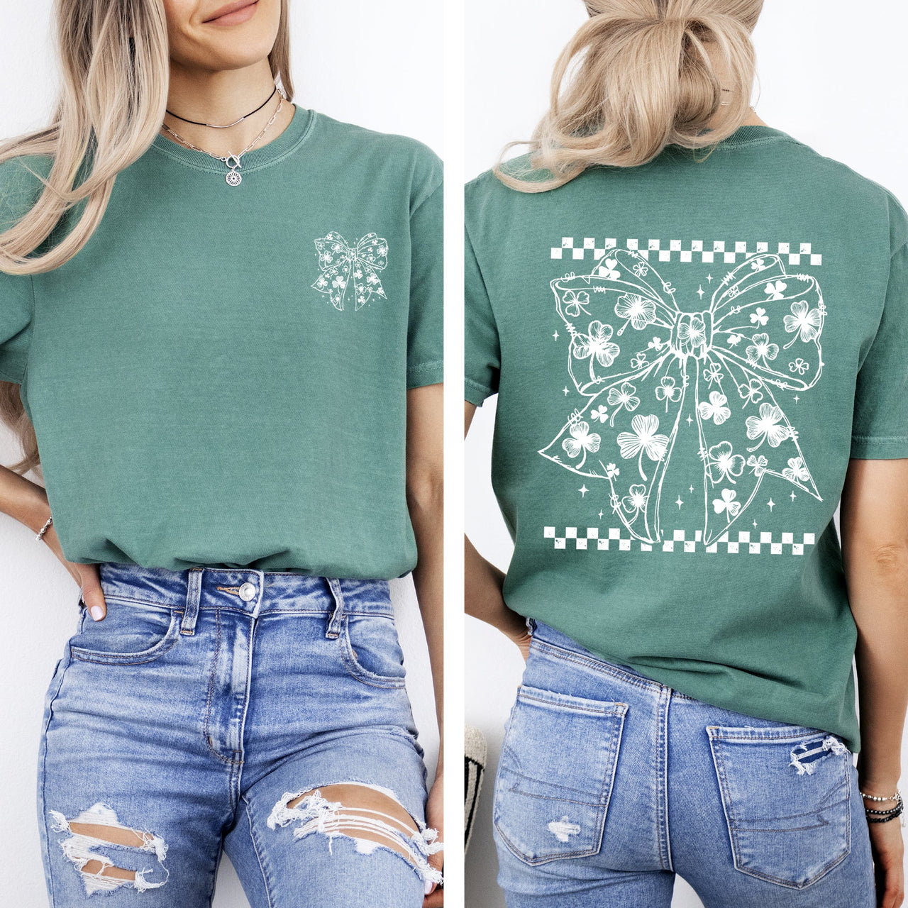 Checkered Bow Coquette Leprechaun Shamrock Clover Lucky St Patrick's Day Irish Pride Comfort Colors Tee