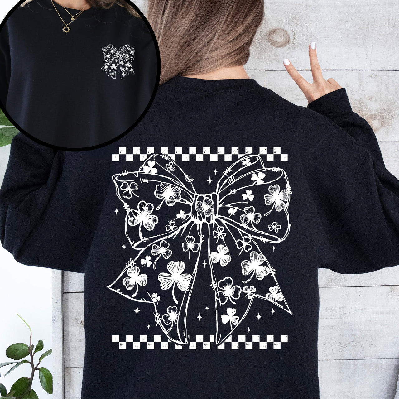 Leprechaun Checkered Bow Coquette Shamrock Clover Lucky St Patrick's Day Sweatshirt