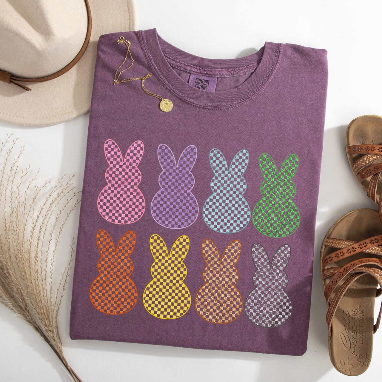 Checkered Faux Glitter Bunnies Easter Bunny Jesus Rabbit Holiday Comfort Colors Tee