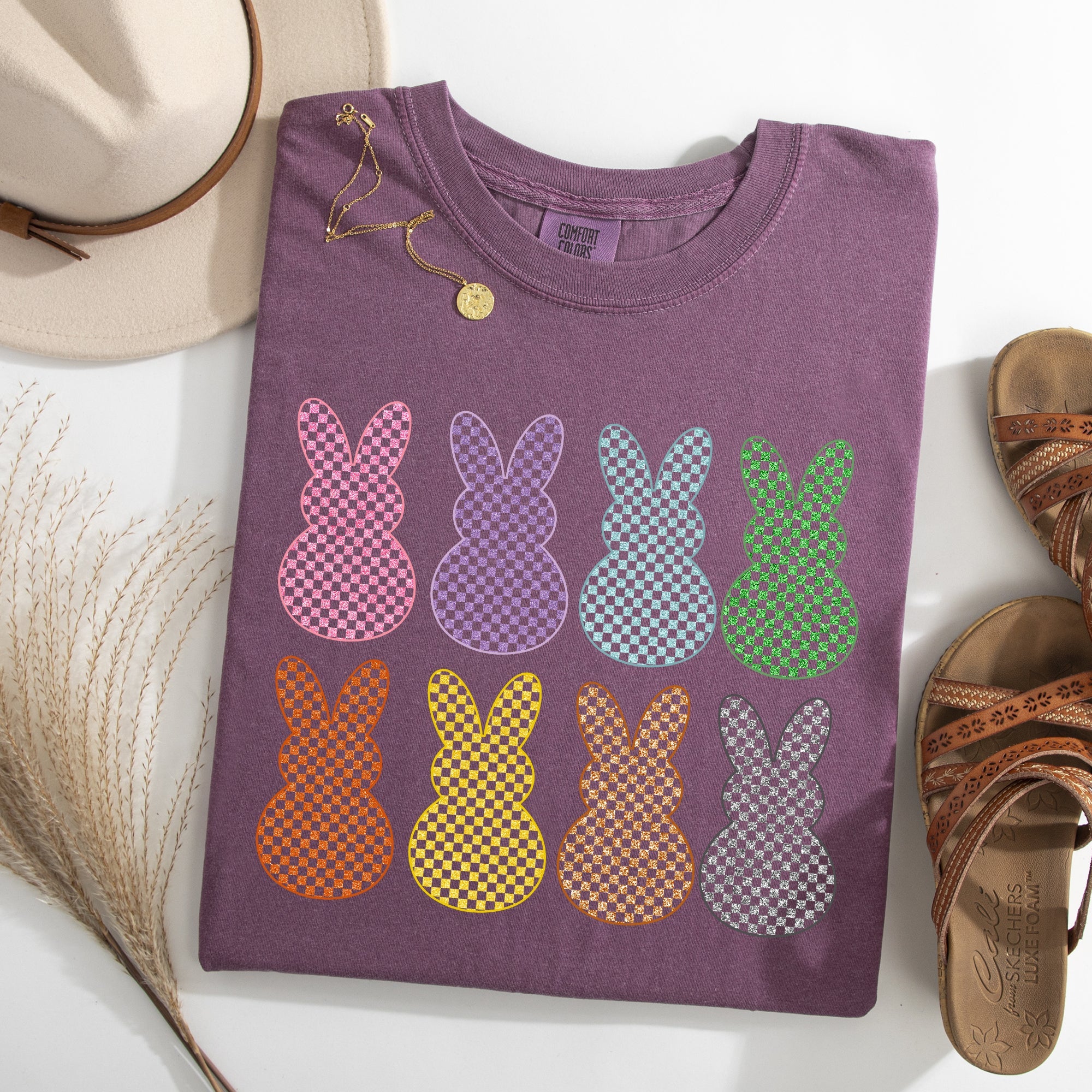 Checkered Faux Glitter Bunnies Easter Bunny Jesus Rabbit Holiday Comfort Colors Tee
