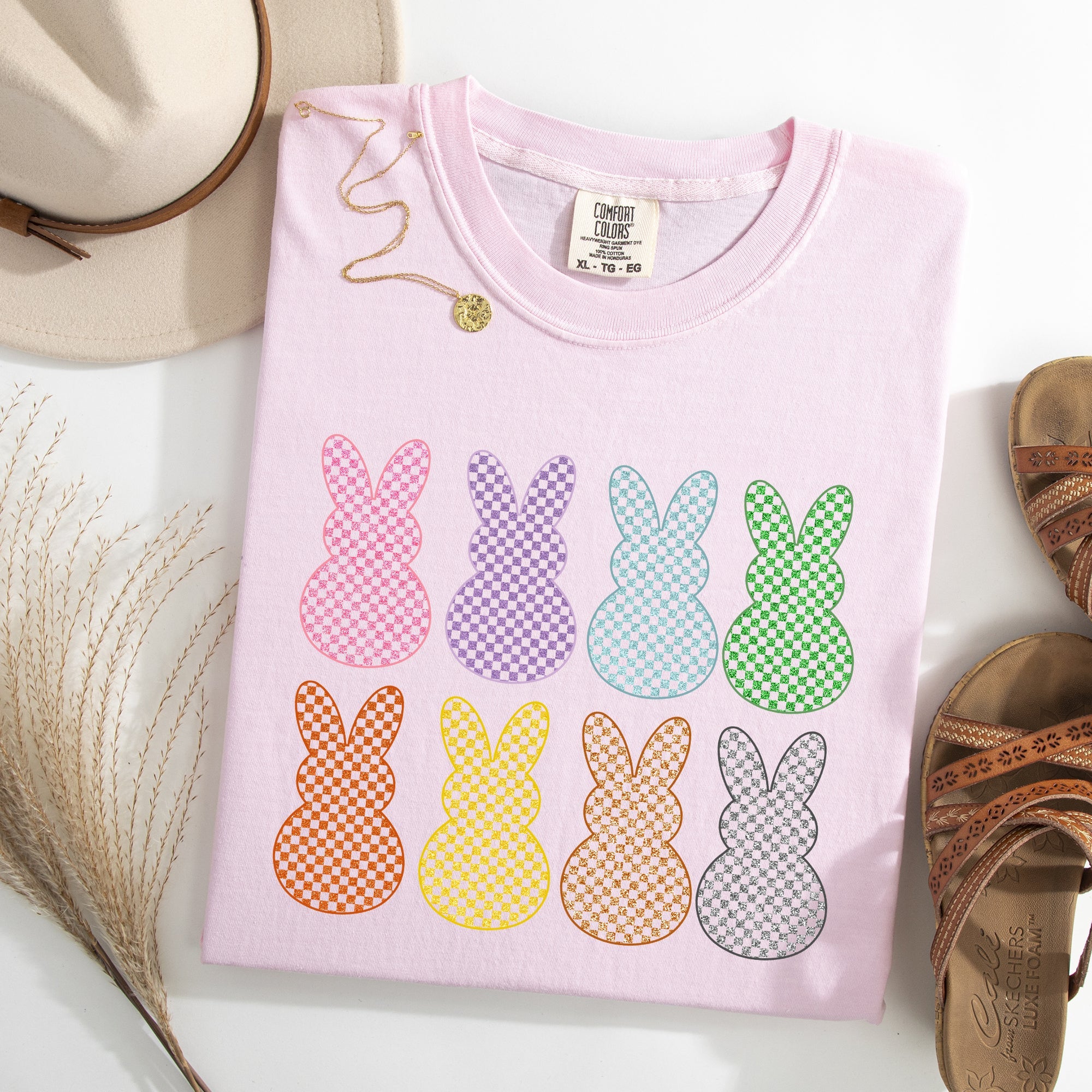 Checkered Faux Glitter Bunnies Easter Bunny Jesus Rabbit Holiday Comfort Colors Tee
