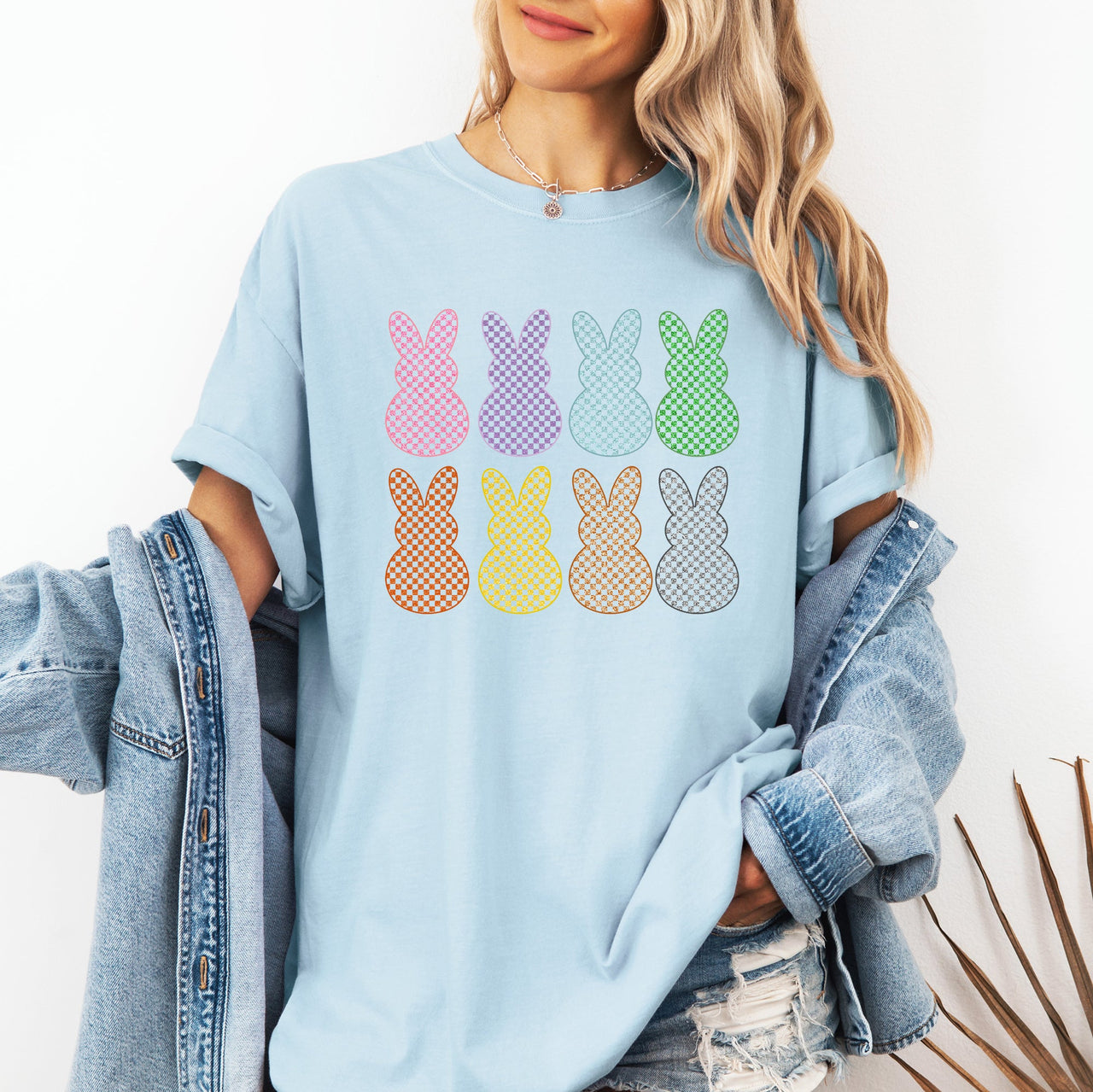 Checkered Faux Glitter Bunnies Easter Bunny Jesus Rabbit Holiday Comfort Colors Tee