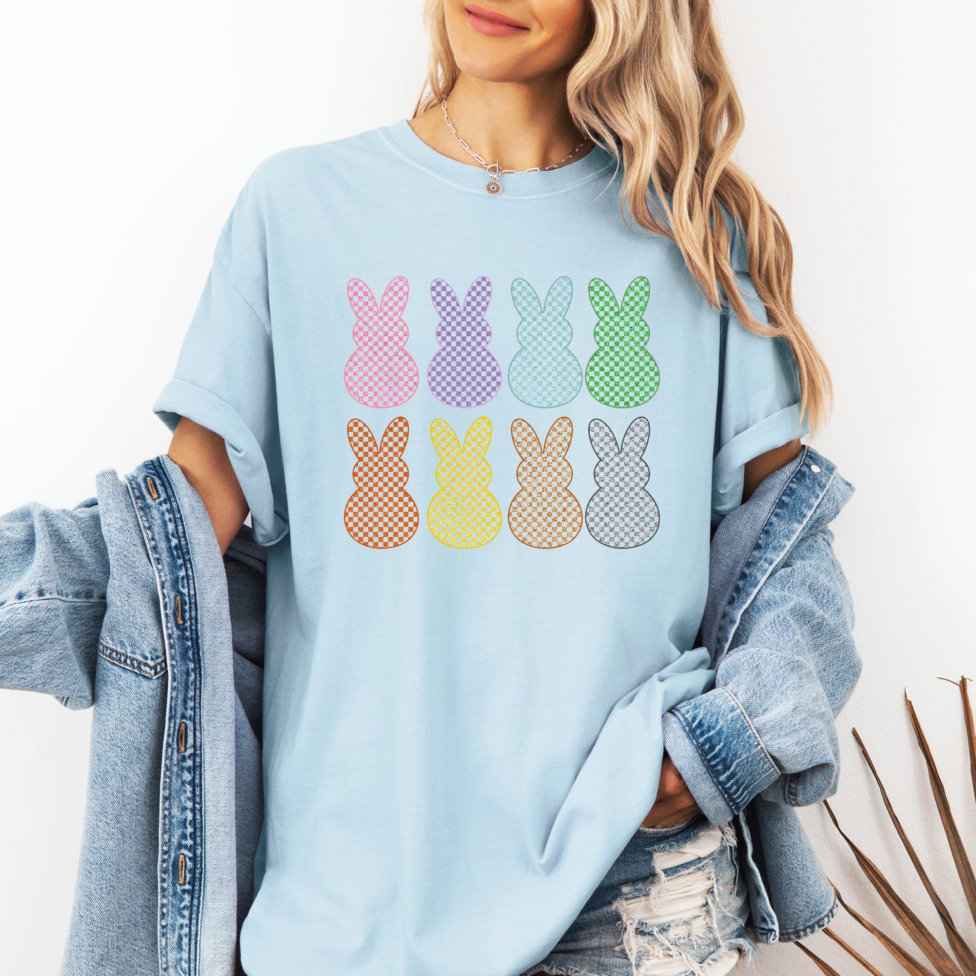 Checkered Faux Glitter Bunnies Easter Bunny Jesus Rabbit Holiday Comfort Colors Tee
