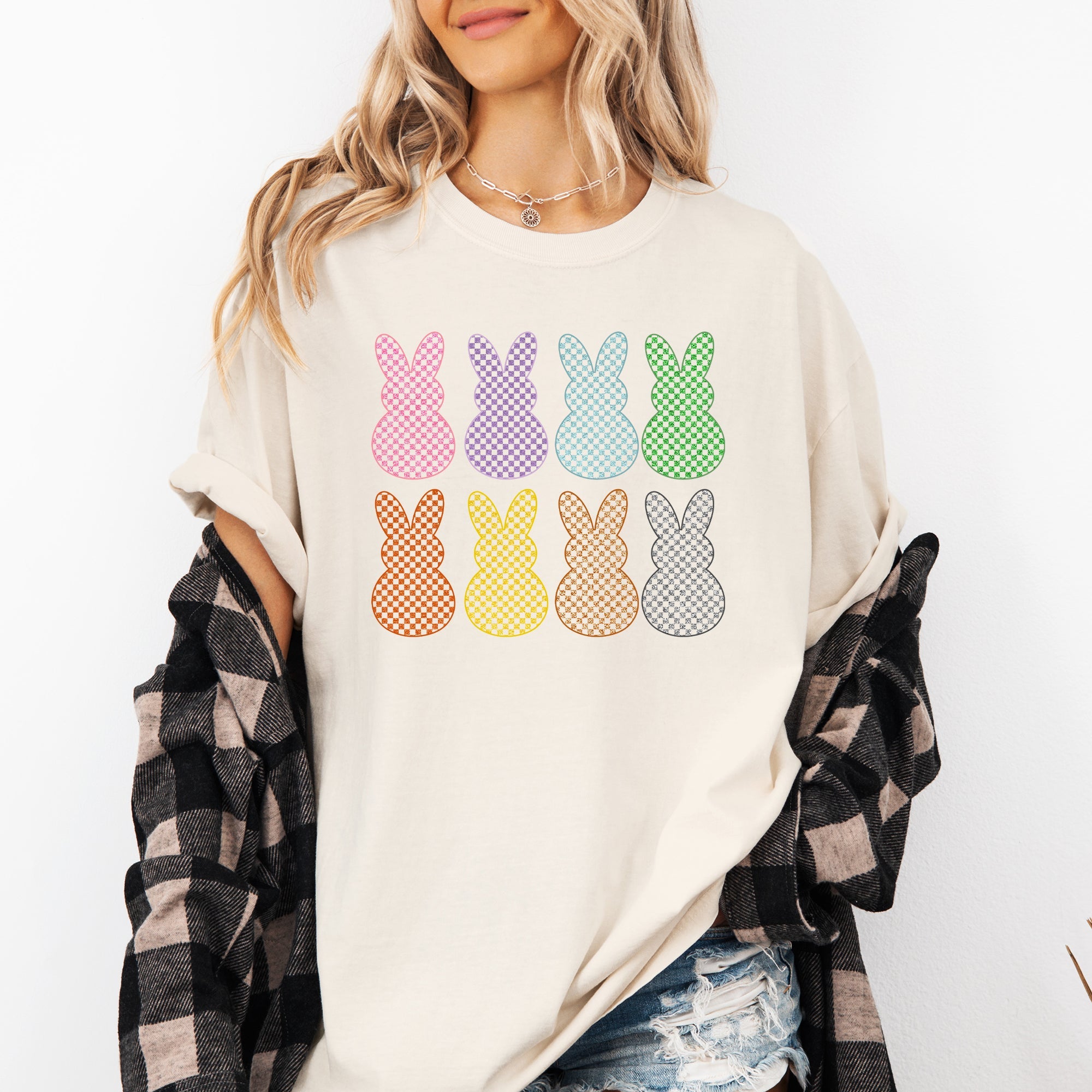Checkered Faux Glitter Bunnies Easter Bunny Jesus Rabbit Holiday Comfort Colors Tee