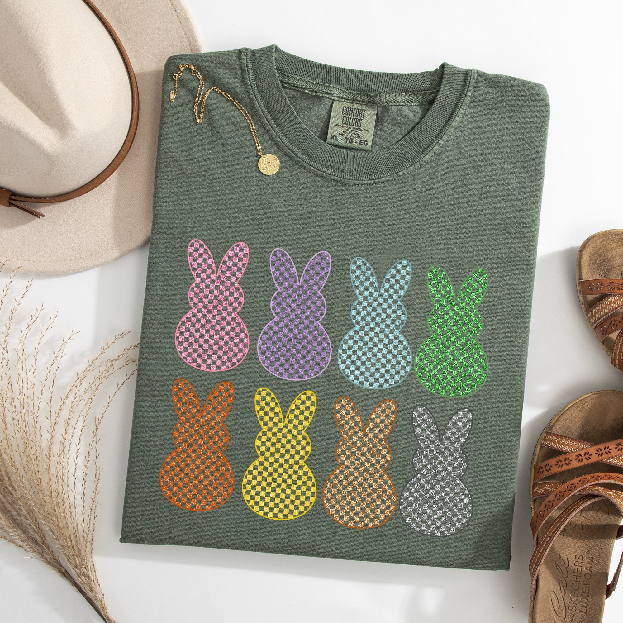 Checkered Faux Glitter Bunnies Easter Bunny Jesus Rabbit Holiday Comfort Colors Tee