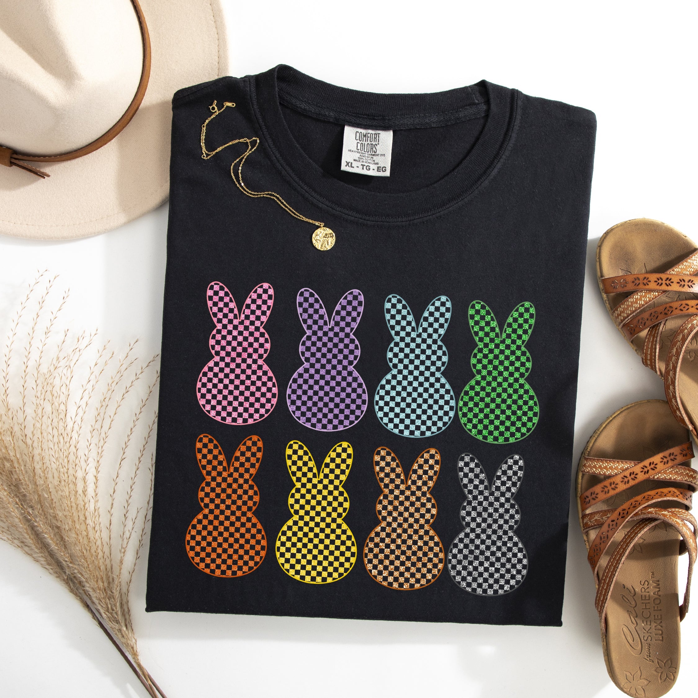Checkered Faux Glitter Bunnies Easter Bunny Jesus Rabbit Holiday Comfort Colors Tee