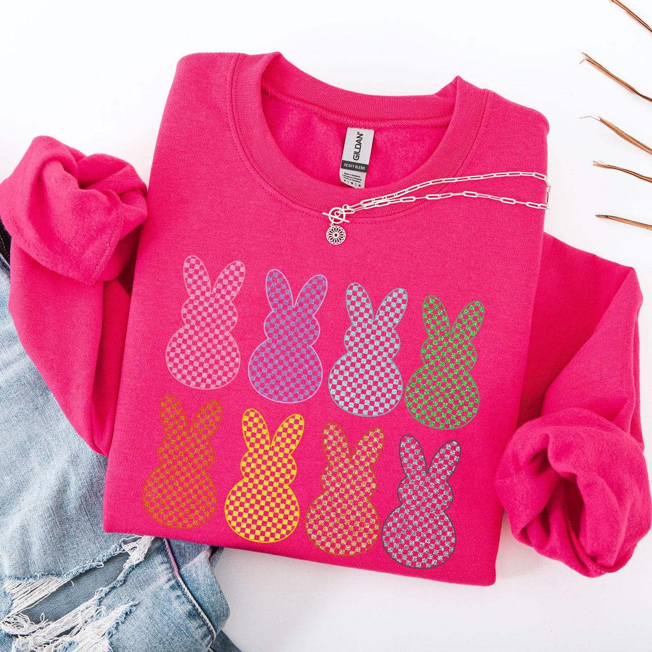 Checkered Faux Glitter Bunnies Easter Jesus Rabbit Holiday Scene Design Sweatshirt