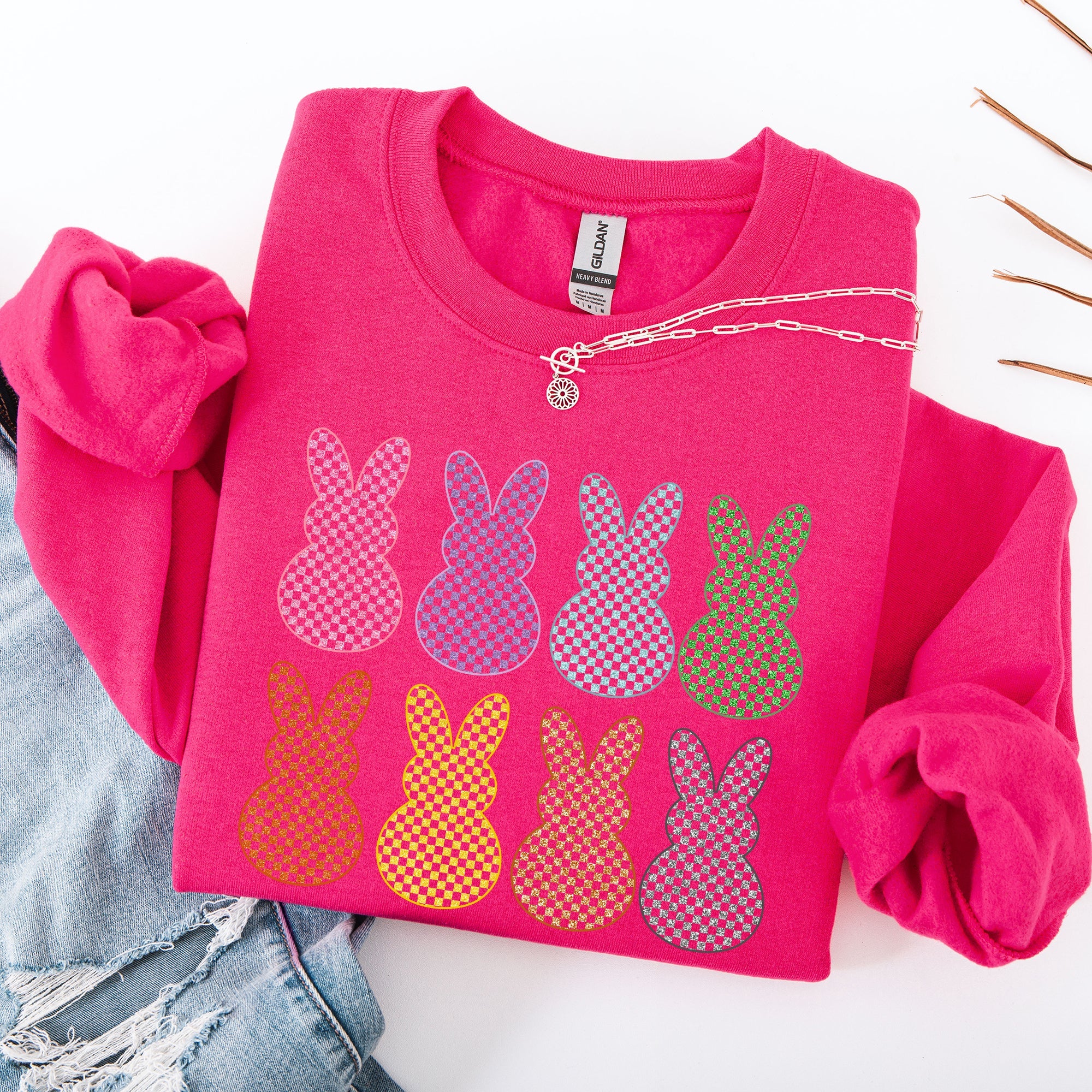 Checkered Faux Glitter Bunnies Easter Jesus Rabbit Holiday Scene Design Sweatshirt