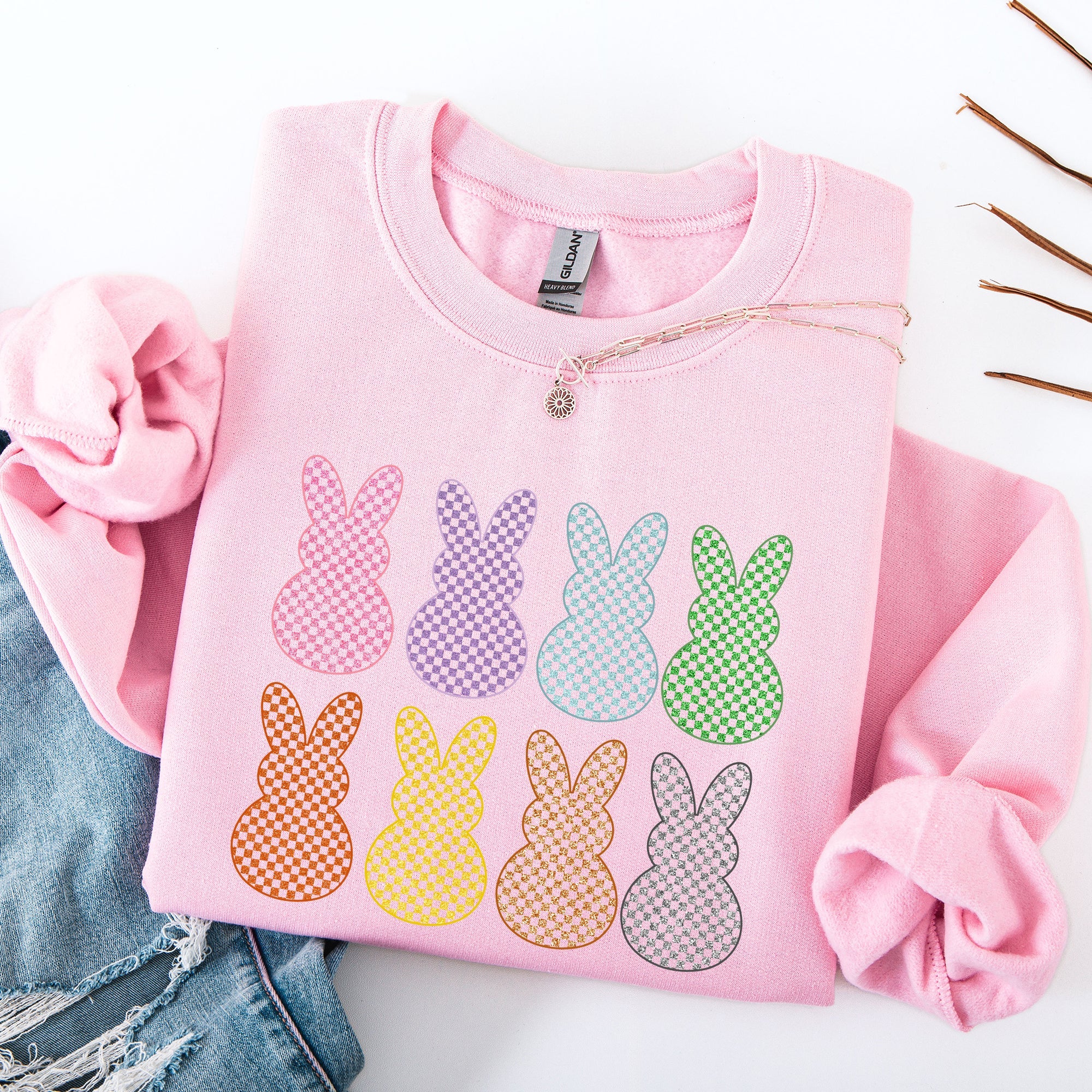 Checkered Faux Glitter Bunnies Easter Jesus Rabbit Holiday Scene Design Sweatshirt