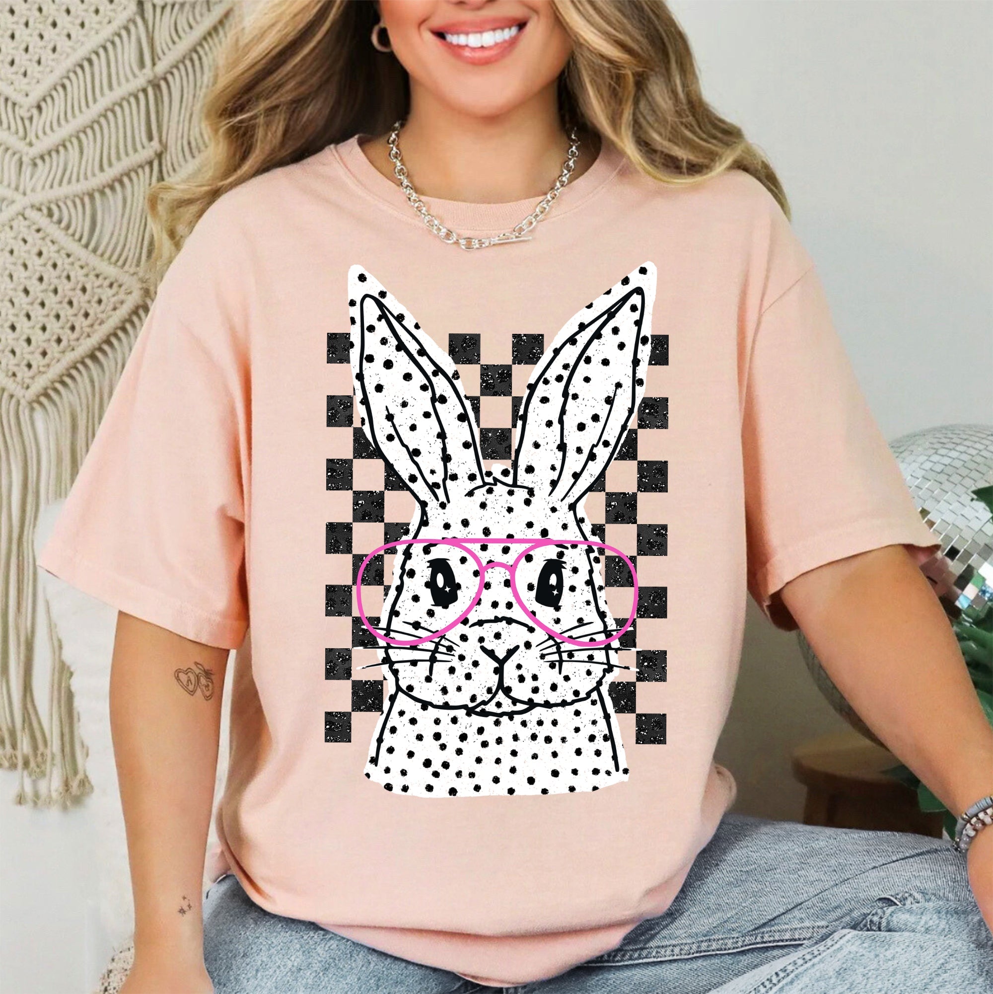 Checkered Retro Polka Dot Easter Bunny Jesus Holiday Print Collection Comfort Colors Tee