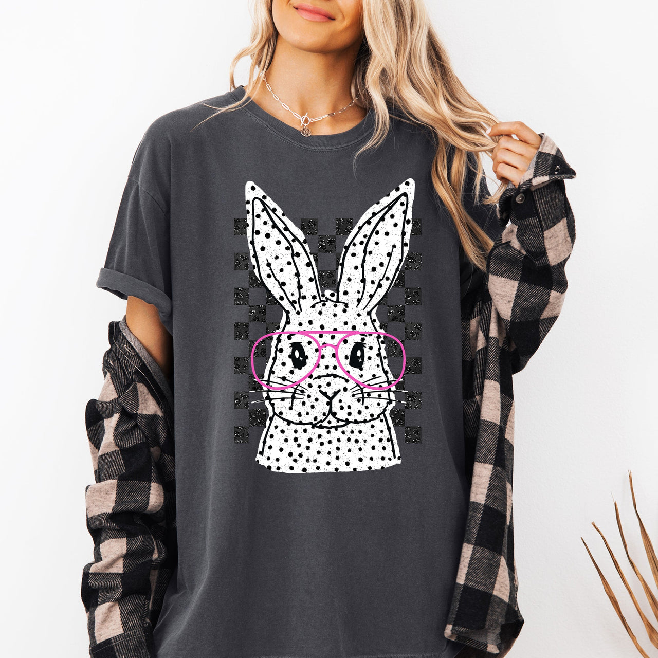 Checkered Retro Polka Dot Easter Bunny Jesus Holiday Print Collection Comfort Colors Tee
