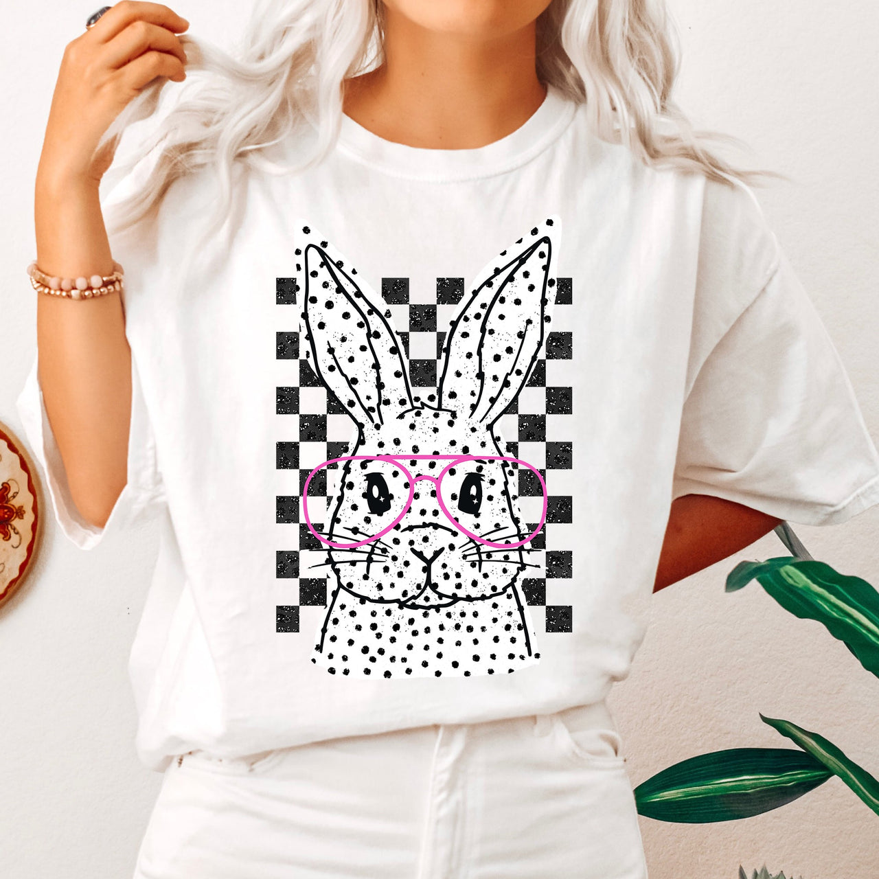 Checkered Retro Polka Dot Easter Bunny Jesus Holiday Print Collection Comfort Colors Tee